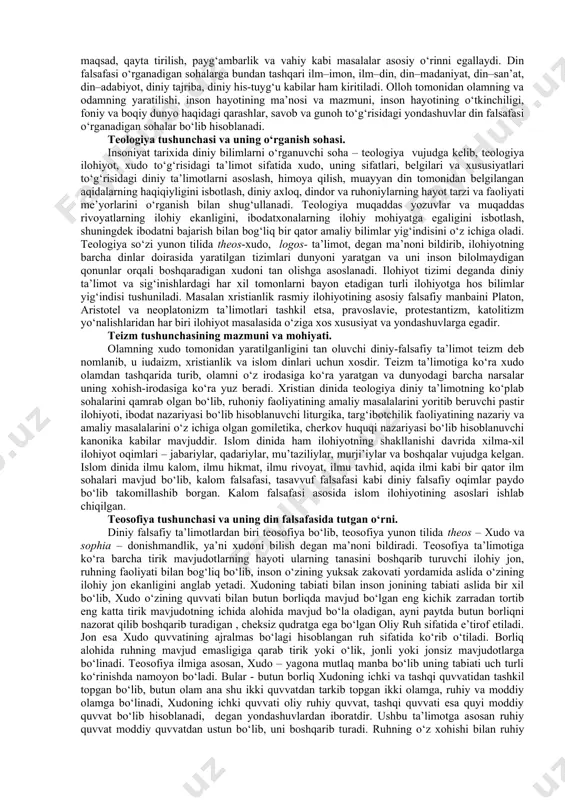 ir qarzdor bo‘lmoq, e’tiqod qilmoq, qilgan ishiga yarasha mukofotlamoq” degan ma’nolarni bildiradi. din insonning dunyodagi barcha narsani yaratgan ilohiy qudratga bo‘lgan ishonchini o‘zida ifodalab, insondagi ma’naviy e’tiqod va amalni o‘zida aks ettiradi. e’tiqod so‘zi ham arab tilidan kirib kelgan so‘z bo‘lib, chuqur va mustahkam ishonch degan ma’noni bildiradi. diniy e’tiqod so‘zi mustahkam, chuqur ishonch, maslak va ishonishni o‘zida ifodalaydi. insonning e’tiqodi din bo‘lib hisoblanishi uchun u uch asosiy xususiyatga ega bo‘lishi lozim bo‘lib, bulardan birinchisi, barcha narsaning yaratuvchisi bo‘lgan iloh (yoki ilohlar) haqidagi tasavvurning mavjudligidir. jahondagi har bir dinda e’tiqod ob’ekti bo‘lgan xudo mavjud bo‘ladi. ikkinchidan, xudo bilan insonlarni bog‘lab turadigan ibodat va marosimlar majmuasi ishlab chiqilib, dinga e’tiqodning amal qilishi shu ibodat va marosimlar bilan belgilanadi. uchinchidan esa e’tiqodchilarni o‘zida jamlaydigan diniy tashkilotlar mavjud bo‘ladi. diniy tashkilot – bu bir dinga e’tiqod qiluvchi kishilarning jamoaviy ravishda o‘z diniy rasm–rusum, ibodat marosimlarini o‘tkazadigan, diniy ta’lim oladigan muassasalaridir. dinshunoslik dinning mohiyati, …