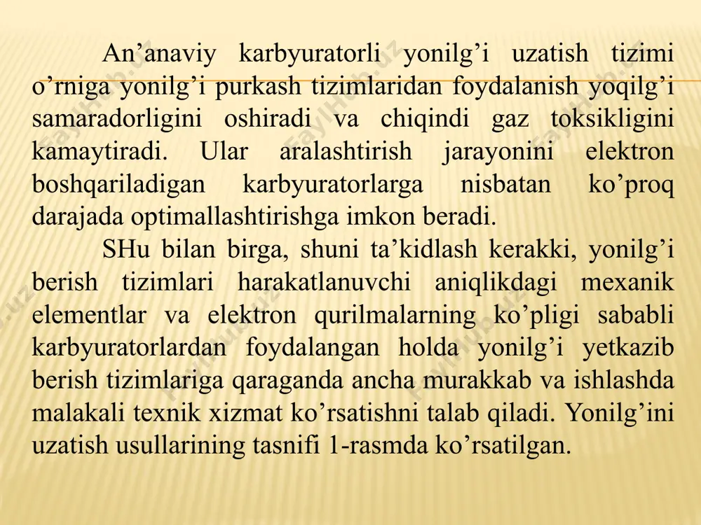 ozitsiyalarining tarkibi, kiritish tizimining konstruktsiyasiga, forsunkalar tomonidan yonilg’i dozalashning notekisligiga bog’liq. markaziy purkash tizimida yoqilg’i bitta forsunka bilan uzatiladi u kiritish truboprovodi oldiga o’rnatilgan. dvigatel konstruktsiyasida sezilarli o’zgarishlar yo’q. markaziy purkash tizimi deyarli karbyurator bilan almashtiriladi va allaqachon ishlayotgan dvigatellarda ishlatilishi mumkin. karbyurator bilan taqqoslaganda markaziy purkash bilan yonilg’i dozalashning aniqligi va barqarorligi ta’minlanadi. markaziy yonilg’i purkash tizimi raqamli yonish tizimi bilan birgalikda yoqilg’i samaradorligini oshirishda ayniqsa samarali hisoblanadi. ushbu tizimning konstruktsiyasini tarqatish purkash tizimiga qaraganda ancha sodda. zamon avtomobillarda elektron o’t oldirish tizimi qo’llanilgan bo’lib ular quydagilardan tuzilgan: - elektron boshqaruvi blokgi (ebu); - datchilar (tirsakli valni aylanish burchagini, drossel zaslonkani xolati haqida) - detonatsii, (sovitish suyuqlikgi temperaturasi); - induktsion g’altak (umumiy yoki bir nechta g’altak xar bir tsilindrga); - yuqori tok kuchlanishni taqsimlagich (umumiy g’altakda); - yuqori kuchlanishli o’tkazgich; o’t oldirish shami (svechalar). ichki yonuv dvigatellari ichida eng ko’p tarqalgani benzinli ichki yonuv dvigatellari. benzinli ichki yonuv dvigatellarida …