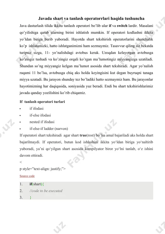 itch operatori – dastur ishlashini berilgan qiymatga mos holda biror yo‘nalishga o‘zgartirib berishni ta’minlaydi. bu operator bir necha variantlardan kerakligini tanlab olishda, «if» operatori o‘rnida ishlatiladi. albatta, barcha tanlovlarni «if» orqali amalga oshirish mumkin,. farqi u shart true bo’lguniga qadar tekshiradi. shart to’g’ri bo’lgandan keyin switch operatoridan boshqa qiymatlarni tekshirmaydi source code 1. switch(shart){ 2. casevalue1: 3. //code to be executed; 4. break; //optional 5. casevalue2: 6. //code to be executed; 7. break; //optional 8. ...... 9. default: 10. //hech qaysi shartni qanoantlantirmasa; 11. } bu operator qanday ishlaydi? «switch» operatoriga berilgan qiymat, «case» operatoridagi qiymatlar bilan birma-bir solishtiriladi. agar qiymat biror variant bilan mos tushsa, shu variantga tegishli blok ichidagi operator yoki operatorlar bloki ishlaydi va «break» orqali bu tanlov(switch) yakuniga yetadi. agar qiymat hech qaysi variant bilan mos tushmasa, «default» operatori ishlaydi va uning ichidagi operatorlar dastur ishlashini davom ettiradi. «default» bloki bo‘lmasligi ham mumkin, bunda agar variantlar …