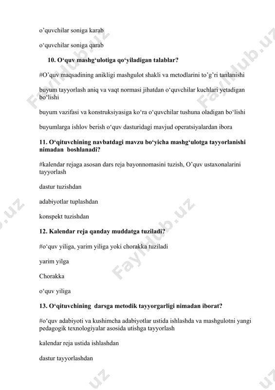 xozlanishi, mehnat xavfsizligi, sanitariya-gigiyyena talablariga mehnat xavfsizligi qoidalariga o‘quv jarayonini tashkilqilishning zamon talablariga aloxida o’quv binosi bulishi 20. ustaxonalar necha turga bulinadi? #2 ta 3 ta 4 ta 5ta 21. ustaxonaning qaysi turlarini bilasiz? #kombinatsiyalashgan va ixtisoslashgan maxsus ixtisoslashgan alohida kurilgan 22. kombinatsiyalashgan ustaxonaning xajmi qancha bo‘lishi kerak? #90 m2 80 m2 95 m2 100 м2 23. maktablarda sinflar soni 20 dan kam bo‘lsaqanday ustaxona tashkil etiladi? #kombinatsiyalashgan ixtisoslashgan maxsus kombinatsiyalashgan va ixtisoslashgan 24. ixtisoslashgan ustaxona asbobxonasining xajmi qancha bo‘ladi? #20 м2 18 м2 15 м2 22 м2 25. ixtisoslashgan o‘quv ustaxonalarida ustaxona xajmi qancha bo‘ladi? #70 м2 60 м2 80 м2 90 м2 26. chilangarlik mexanika bo‘limida ish o‘rnining xajmi? #3,5-4 м2 3-3,5 м2 2,5-3 м2 4-4,5 м2 27. duradgorlik bo‘limida ish o‘rni xajmi? #4-5 м2 3-4 м2 2-3 м2 5-6 м2 28. bitta kichik stanok uchun yer maydoni qancha bo‘lishi kerak? #5-6 м2 3-4 м2 4-5 м2 2-3 …