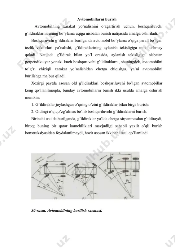 uzatishlar sonini ko‘paytiradi. hozirgi zamonaviy avtomobillarda chervyakli, vintli va shesternyali rul mexanizmlari ishlatiladi. chervyak rolikli rul mexanizmi barcha yengil avtomobillarda (klassik komponovkadagi) va oldi boshqariluvchi o‘qiga 25kn gacha og‘irlik tushadigan yuk avtomobillarda kuchaytirgichsiz va 40kn og‘irlik tushadigan yuk avtomobillarda kuchaytirgich bilan qo‘llanishi mumkin (31-rasm). chervyakli rul mexanizmida rul chambaragiga qo‘yilgan moment, rul valiga mahkamlangan chervyakdan, chervyak sektori orqali, shu valda o‘tirgan soshkaga uzatiladi. ko‘pchilik rul mexanizmlarida chervyak glaboidsimon (glaboid chervyakning tashkil etuvchisi-aylana yoyidan iborat), a sektor tishlarini esa, podshipnikda o‘tirib aylanadigan rolik bilan almashtirilgan. bunday rul mexanizmida chervyak katta burchakka burilganda, tishlashish yaxshi saqlanib, ishqalanuvchi juftlarning yedirilishi kam bo‘ladi. 31-rasm. chervyakli rul boshqarmasini sxemasi. 1-rul chambaragi; 2-rul vali va «chervyak»; 3-«rolik» va soshka vali; 4-rul soshkasi; 5-o‘rtadagi tortqi; 6-yon sharner; 7-burilish rechagi; 8-avtomobilning oldg‘ildiragi; 9-mayatnik richagi; 10-rul tortqisi sharneri. reyka-shesternyali rul mexanizmi. rul valiga mahkamlangan shesternya aylanganda reykani siljishiga sabab bo‘ladi va reyka ko‘ndalang tortqi vazifasini bajaradi. rul mexanizmi, valdagi …