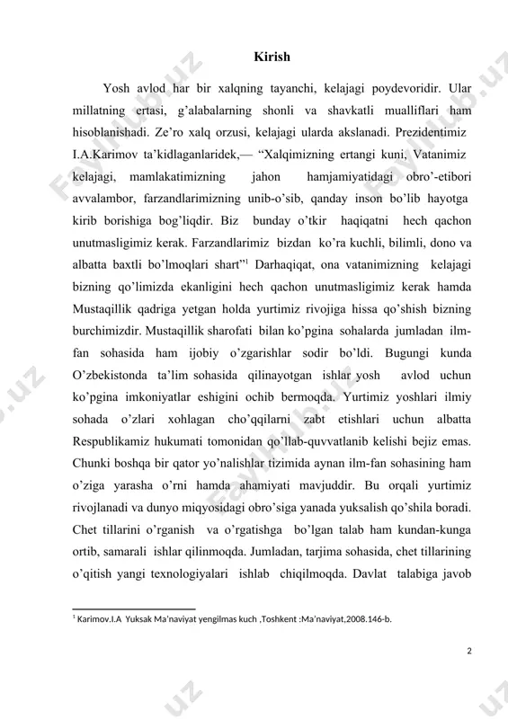 nologiyalari ishlab chiqilmoqda. davlat talabiga javob beradigan darsliklar, o’quv uslubiy qo’llanmalar chop etilayotganligi, ularning barcha o’quv yurtlarida joriy qilinayotganligi, boshlang’ich, o’rta-maxsus hamda oliy o’quv muassasalaridagi yoshlar tomonidan iliq kutib olinayotganligini alohida ta’kidlab o’tish zarur. keyingi yillarda chet tilini ona tili bilan qiyoslab o’rganish ijobiy samara bermoqda va qardosh bo’lmagan turli til tipidagi tillarni qiyoslab o’rganishga bo’lgan qiziqish kundan-kunga ortib bormoqda. shu jumladan nemis, ingliz, rus, fransuz hamda boshqa jahon tillari o’zbek tili bilan qiyoslangan holda o’rganilyapti. ayniqsa, tillarning stilistik, leksik, grammatik, frazeologik qatlamlarini o’rganish bugungi kun tilshunosligining asosiy vazifalaridan bo’lib turibdi. xususan stilistika sohasida olib borilayotgan ishlar alohida tahsinga sazovordir. chunki tillarning stilistik jihatlarini tahlil etish dolzarb hamda qiziqarli yo’nalishlardan sanaladi. stillarning o’ziga xos bo’lgan ko’rinishlarini tadqiq etish, ulardagi elementlarning funksiyalarini o’rganish va stilistikaning boshqa tomonlarini ko’rib chiqish albatta har bir ilmiy tadqiqotchiga mas’uliyatli vazifa yuklaydi. bizning mazkur ilmiy ishimiz ham aynan mana shu stilistika fani, uning mohiyati, vazifalari, maqsad …