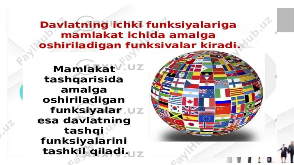 nliklari kafolatlanadi. funksiyaning tartibga solinishi: 13 davlat funksiyalari — bu davlatning ijtimoiy hayotning turli sohalaridagi maqsadlari va vazifalarini amalga oshirish bo‘yicha faoliyatining asosiy yo‘nalishlari. ular davlatning mavjud bo‘lishi, rivojlanishi va aholi ehtiyojlarini qondirish uchun zarur vositalar hisoblanadi. davlat funksiyalari mazmun-mohiyati: 1. davlat funksiyalari tushunchasi: davlat funksiyalari davlatning asosiy vazifalarini amalga oshirish uchun olib boradigan faoliyat yo‘nalishlarini belgilaydi. bu faoliyatning asosiy maqsadi jamiyatning ijtimoiy-iqtisodiy, siyosiy va madaniy hayotini boshqarishdan iborat. 2. mazmuni va mohiyati: mazmuni: davlat funksiyalari jamiyatdagi ijtimoiy tartibni ta’minlash, iqtisodiy rivojlanishni boshqarish, huquqiy normalarni tatbiq etish, fuqarolarning huquq va erkinliklarini himoya qilish kabilarni o‘z ichiga oladi.mohiyati: davlat funksiyalari davlatning mohiyatini va unga yuklangan asosiy vazifalarni namoyon qiladi. bu, asosan, davlatning ijtimoiy tabiatiga, u ko‘zlayotgan maqsadlariga va boshqaruv uslubiga bog‘liq. davlat funksiyalarining huquqiy asosi konstitutsiya va qonunlar orqali belgilangan bo‘lib, ular davlatning asosiy vazifalari va faoliyat yo‘nalishlarini huquqiy jihatdan tartibga soladi. konstitutsiya – bu davlatning bosh huquqiy hujjati bo‘lib, unda: …