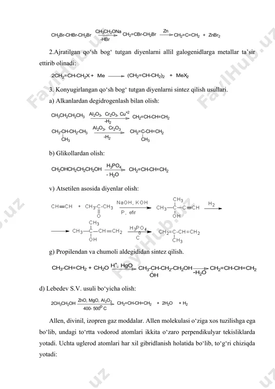 -ch2-ch2-ch=ch2 diallil, geksadiyen-1,5 bu tur birikmalar o‘zining xossalari bilan alkenlarga o‘xshab ketadi. diyenlar tabiatda polimer holida uchraydi. ayniqsa ismaloq o‘ti, geveya daraxtining shirasida izopren kauchuk holida uchraydi. diyenlar asosan sintez qilib olinadi. 1.allen turidagi diyenlar olishning umumiy usuli: 2.ajratilgan qo‘sh bog‘ tutgan diyenlarni allil galogenidlarga metallar ta’sir ettirib olinadi: 3. konyugirlangan qo‘sh bog‘ tutgan diyenlarni sintez qilish usullari. a) alkanlardan degidrogenlash bilan olish: b) glikollardan olish: v) atsetilen asosida diyenlar olish: g) propilendan va chumoli aldegididan sintez qilish. d) lebedev s.v. usuli bo‘yicha olish: allen, divinil, izopren gaz moddalar. allen molekulasi o‘ziga xos tuzilishga ega bo‘lib, undagi to‘rtta vodorod atomlari ikkita o‘zaro perpendikulyar tekisliklarda yotadi. uchta uglerod atomlari har xil gibridlanish holatida bo‘lib, to‘g‘ri chiziqda yotadi: allen turidagi diyenlar birikish va polimerlanish reaksiyalariga oson kirishadi: bu diyenlar ichida konyugirlangan bog‘ tutgan birikmalarning ahamiyati katta. bunday diyen birikmalarning ikkita qo‘sh bog‘i bitta qo‘sh bog‘dek reaksiyaga kirishadi. bu bog‘larning uzunligi oddiy va …