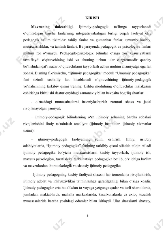 va inklyuzivlikni ta‘minlashga intiladilar. ular ishtirok etish uchun to‘siqlarni yo‘q qilish va adolatli va adolatli jamiyat yaratish uchun harakat qilishadi. oldini olish va aralashuv: ijtimoiy pedagoglar ijtimoiy muammolar paydo bo‘lishining oldini olish va ular yuzaga kelganda aralashish uchun ishlaydi. ular xavf omillarini aniqlashga va ijobiy rivojlanishga yordam beradigan strategiyalarni ishlab chiqishga qaratilgan. hayot davomida ta‘lim: ijtimoiy pedagoglar umrbod ta‘lim va shaxsiy o‘sish muhimligiga ishonishadi. ular insonlarning hayoti davomida o'z ko‘nikmalari, bilimlari va qobiliyatlarini rivojlantirishda yordam beradi. imkoniyatlarni oshirish: ijtimoiy pedagoglar odamlarga o‘z hayotlari uchun mas‘uliyatni o‘z zimmalariga olish va ijobiy o‘zgarishlar qilish imkonini beradi. ular o‘z-o‘zini himoya qilish, o‘z taqdirini o‘zi belgilash va shaxsiy mas‘uliyatni rag‘batlantiradi. kurs ishining maqsadi. ijtimoiy pedagog kasbiy faoliyatining o‘ziga xosligi ijtimoiy pedagogning kasbiy faoliyati shaxsni rivojlantirishga har tomonlama yondashishi, ijtimoiy adolat va inklyuzivlikni ta‘minlashga cheksiz fidoyiligi bilan ajralib turadi. ijtimoiy pedagoglar maktablar, jamoat markazlari, kasalxonalar va axloq tuzatish muassasalari kabi turli sharoitlarda, erta bolalikdan to …