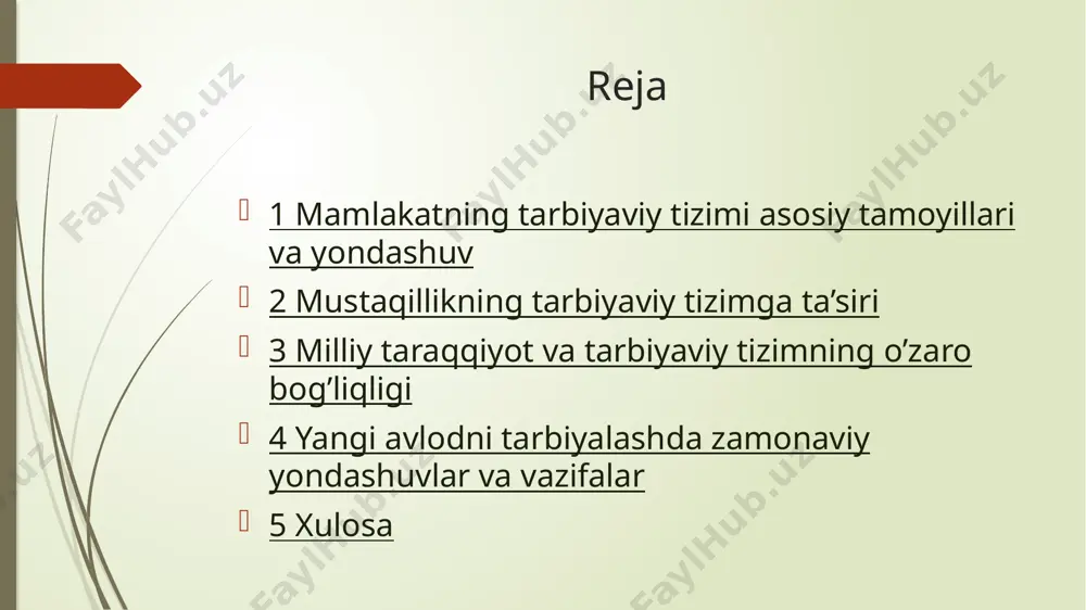lakatning tarbiyaviy tizimi va uning mustaqillik, milliy taraqqiyot yo’li bir-biri bilan chambarchas bog’liq. mustaqillik yillarida o’zbek jamiyati va ta’lim tizimi tub o’zgarishlarga yuz tutdi, yangi pedagogik yondoshuvlar va qadriyatlar asosida yoshlarni tarbiyalash tizimi shakllandi. tarbiyaviy tizimning asosiy maqsadi — yoshlarni nafaqat bilimli, balki axloqiy va ma’naviy jihatdan barkamol insonlar sifatida tarbiyalashdir. shu bilan birga, mustaqillikning tarbiyaviy tizimga ta’siri milliy o’zlikni anglash, vatanga bo’lgan sadoqat, o’zbek xalqining tarixiy merosi va madaniyatini hurmat qilish kabi muhim qadriyatlarni yosh avlodga o’rgatish orqali milliy taraqqiyotga hissa qo’shmoqda. shu tariqa, mamlakatning tarbiyaviy tizimi va uning milliy taraqqiyot yo’li o’rtasidagi o’zaro aloqalar, nafaqat ijtimoiy, balki iqtisodiy va madaniy rivojlanishning asosiy omili bo’lib, yoshlarning kelajagi va mamlakatning barqaror taraqqiyoti uchun mustahkam poydevor yaratadi. e’tiboringiz uchun tashakkur! image1.jpg /docprops/thumbnail.jpeg