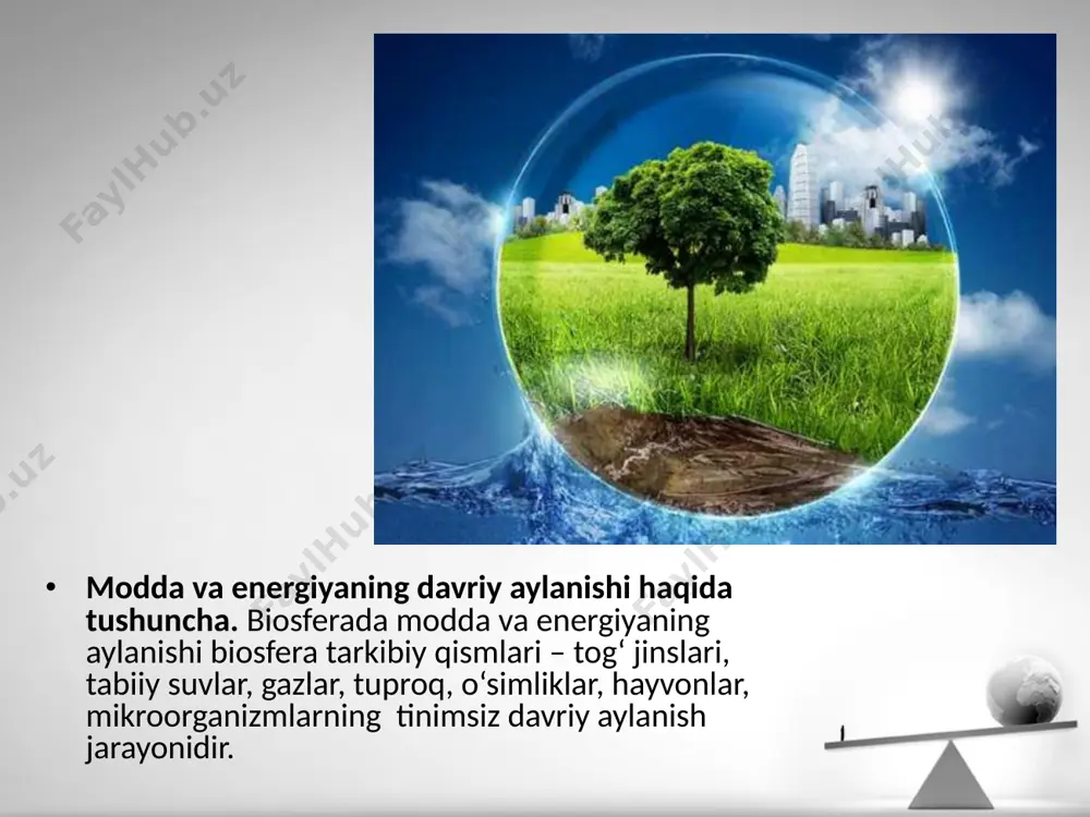 a sodir bo‘ladi. biologik davriy aylanishning mohiyati, avtotrof organizmlar tomonidan fotosintez jarayonida anorganik moddalardan organik birikmalarning sintezlanishi, mazkur organik birikmalarning oziq zanjiridagi konsumentlar ishtirokida o‘zlashtirilishi, redutsentlar tomonidan esa qaytadan anorganik moddalarga parchalanishida namoyon bo‘ladi. redutsentlarning hayotiy faoliyati tufayli organik birikmalar anorganik moddalarga aylantirilib, qaytadan biologik davriy aylanishda ishtirok etishi yoki uning tarkibidan chiqib, geologik davriy aylanishga qo‘shilishi mumkin. biosferaning barcha tarkibiy qismlari – o‘simliklar, hayvonlar, mikroorganizmlar hamda litosfera, gidrosfera, atmosferaning tirik organizmlar egallagan qismlari bir-biri bilan moddalar va energiyaning yagona davriy aylanishi orqali chambarchas bog‘langan. avtotrof organizmlarda organik moddalarning sintezlanishi, ularning o‘zlashtirilishi tufayli o‘zgarishi, parchalanishi kabi jarayonlar o‘rtasidagi mutanosiblik ekosistemaning barqarorligini ta’minlaydi. ekosistemaning barqarorligi ularning o‘z tarkibi, strukturasi, funksiyalarining doimiyligini saqlasa-da, hatto ba’zi jihatlariga ziyon yetganda ham qaytadan tiklanishi kabi xususiyatlarida namoyon bo‘ladi. biosferaning barqarorligi tirik moddalar – turlarning xilma-xilligi, tirik organizmlarning hayotiy faolligi, ekosistema tarkibiy qismlarining bir vakili ikkinchisining o‘rnini to‘ldira olishi bilan ham belgilanadi. biosferaning barqarorligini ta’minlovchi mexanizmlar. …