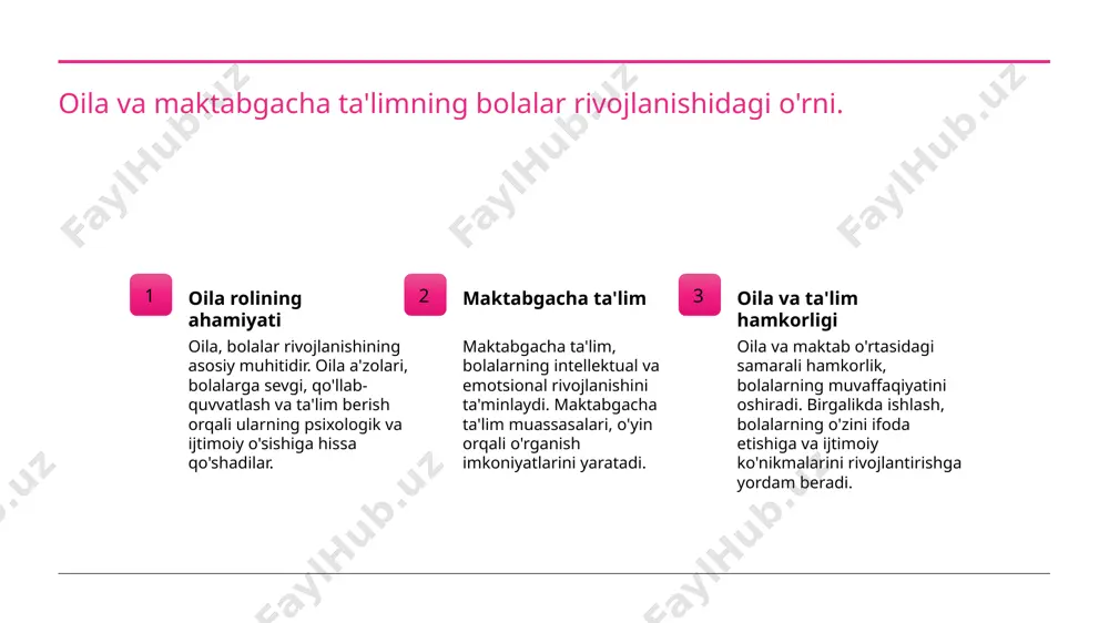 ning ijtimoiy moslashuvini oshiradi. madaniy ta'sirning maktabgacha ta'limdagi o'rni va ahamiyati. madaniyat va ta’lim maktabgacha ta’limda madaniyat, bolalarning o'ziga xosligini rivojlantirishda muhim rol o'ynaydi, ularning shaxsiyati va ijtimoiy ko’nikmalarini shakllantiradi. madaniy qadriyatlar ota-onalar va tarbiyachilar, madaniy qadriyatlarni bolalarga o'rgatish orqali, ularning o'ziga xos identitetlarini saqlab qolishlariga yordam beradi, bu esa o'z navbatida ijtimoiy barqarorlikni ta'minlaydi. ta’lim va rivojlanish madaniy ta'sir, bolalarning ta'lim olish jarayonida motivatsiya va qiziqishini oshiradi, bu esa ularning umumiy rivojlanishi va muvaffaqiyatlariga ijobiy ta'sir ko'rsatadi. o'qitish usullarida madaniy qadriyatlarning integratsiyasi. 1 madaniyat va ta'lim madaniyat, ta'lim jarayonida muhim rol o'ynaydi. o'quvchilarning madaniy qadriyatlari, o'ziga xosliklarini rivojlantirishga yordam beradi. 2 ta'limda an'analar an'anaviy ta'lim usullari, bolalarga o'z madaniyatini tushunish va hurmat qilishda yordam beradi. bu, o'z navbatida, o'zlikni anglashni kuchaytiradi. 3 madaniyat va o'qitish madaniyat va o'qitish o'rtasidagi integratsiya, o'quvchilarni yanada kengroq fikrlashga undaydi. bu, ularning ijodiy qobiliyatlarini rivojlantirishga xizmat qiladi. bolalar rivojlanishida madaniyat va o'qitishning o'zaro ta'siri. …