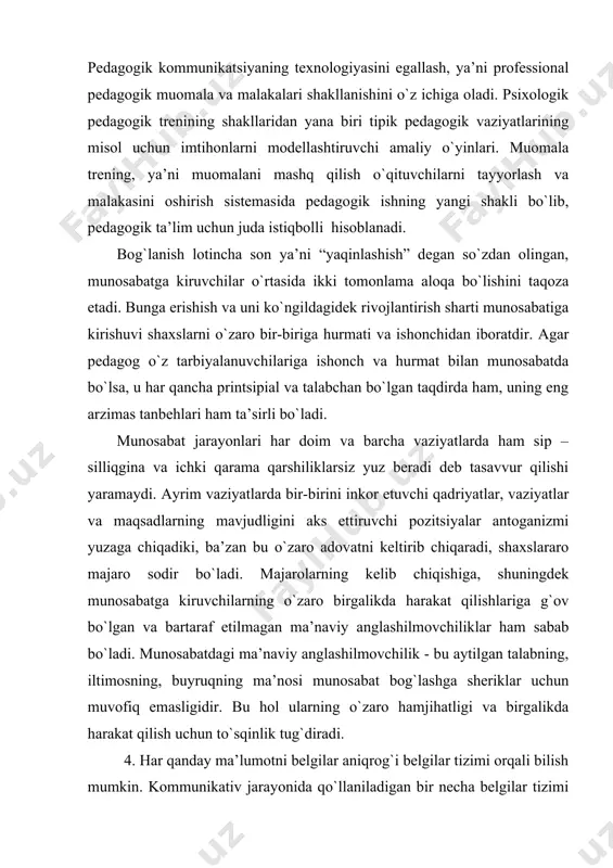 rqali) va noverbal (nutq bilan bog`liq bo`lmaydigan belgilar orqali) kommunikatsiyadir. verbal kommunikatsiyada inson nutqi belgilar tizimi sifatida qo`llaniladi. nutq inson tomonidan qo`llaniladigan tovushlar signallari yoki yozma belgilardan iborat bo`lib, ular orqali muloqotdan olingan ma’lumot qayta ishlanadi, saqlanadi va uzatiladi. bu jarayon til orqali amalga oshiriladi. til so`z belgilari tizimi bo`lib, u muloqot jarayonida psixik faoliyat mahsuli bo`lib yuzaga keladi. nutqning o`ziga xos turlari mavjud – tashqi, ichki, og`zaki, yozma va xokozo. kommunikativ jarayonda o`zaro munosabatga kirishuvchilarni bir-birlari tushunishlari juda muhimdir. buyuk frantsuz yozuvchisi antuan sent ekzyuperi «muloqot bu shunday ne’matki, u orqali inson lazzatlanadi deb yozgan edi. so`zning mohiyati haqida sa’diy «aqlmisan yoki ahmoq, kattamisan yoki kichik buni biror so`z aytmaganigcha bila olmaymiz» degan edi. yozma nutq insoniyat tarixida og`zaki nutqdan ancha keyin paydo bo`lgan. yozma nutq fanda foydalaniladigan murakkab umumlashmalarning rivojlantirishida, badiiy timsollarni etkazishda muhim rol’ o`ynaydi. nutq o`zining fizologik negiziga ko`ra eshitish va harakat analizatorlari faoliyatini bajaradi. nutqni …