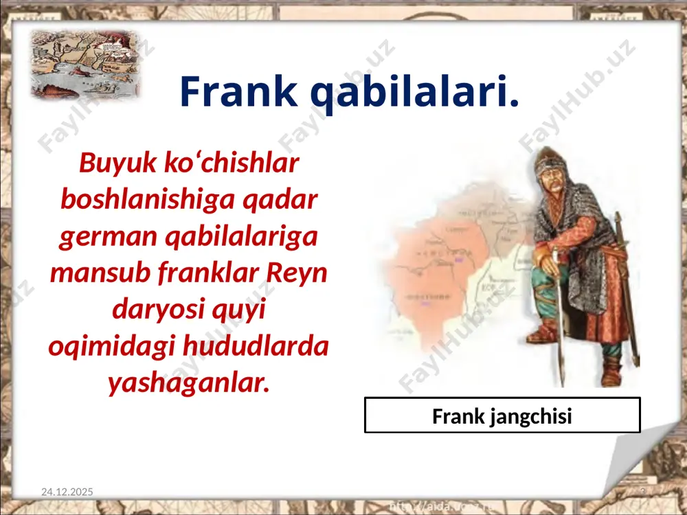 iroldan daxlsizlik xati olgan feodalning mulki davlat amaldorlari faoliyatiga bo‘ysunmagan va barcha davlat vakolatlari mulk egasiga o‘tgan. g'arbiy evropada yirik yer egalarining dehqonlar ustidan hokimiyatini o'rnatish jarayonlarida katta rol o'ynadi, uning o'zi yirik yer egasiga aylandi. cherkovning hukmron mavqeining tayanchi monastirlar, dunyoviy zodagonlar esa - mustahkam qal'alar bo'lib, ular patrimonial markazlarga, dehqonlardan ijara haqi yig'ish joyiga, lordlar hokimiyatining ramziga aylandi. 27.12.2024 15 galliyadagi rim imperatoriga tegishli yerlarni o‘z mulkiga aylantirgàn frank qirollari, uning bir qismini o‘z yaqinlari va cherkovga ham in’om etganlar. 27.12.2024 16 savol va topshiriqlar 1. sizningcha, nima sababdan varvar qirolliklari orasidan faqat franklar davlati saqlanib qolgan? 2. nima sababdan franklardagi benefitsiy, senyor, allod, vassal kabi atamalar lotin tilidan olingan? 3. qirol xlodvig nega unga qarshi chiqqan jangchini darhol jazolamasdan, harbiy ko‘rik paytidagina chopib tashlagan? 4. «sali haqiqati»ni qanday hujjat deb hisoblaysiz? unga tavsif bering. nima uchun hujjatni xlodvig o‘qib eshittirmoqda? 27.12.2024 17 image2.jpeg image3.png image4.jpeg image5.jpeg image6.jpeg …