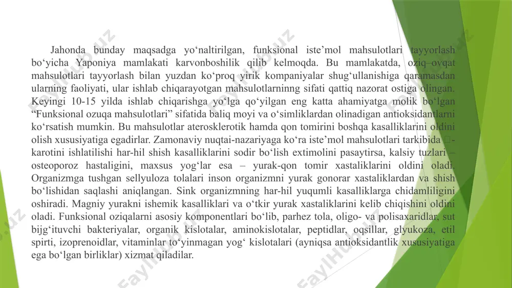 nganlari), - ko‘psonli biokimyoviy reaksiyalar oqibatida engil hazm bo‘luvchi, sifatli, yoqimli mazali ozuqa mahsulotlariga aylanib boradilar. buni ustiga zamonaviy biotexnologiyani yangi imkoniyatlarini masalan, mikroorganizmlarni yirik (1000- 3000 m3 ) reaktorlarda o‘stirish, membranalar orqali filtrlash, separatsiya qilish (ajratish) hisobga olinganda oziq-ovqat masulotlarini yangi, sifatli, hamda ularni ko‘p miqdorda ishlab chiqarishda biotexnologiyani roli beqiyos ekanligi yanada yorqin nomoyon bo‘ladi. ushbu fan o‘zbekiston uchun eng kenja fanlardan bo‘lib, uni tarixi uzoqqa bormaydi (qadimiy biotexnologiyalar; non yopish, qatiq tayyorlash va x.k. bundan istisno). bu fan asosan o‘zbekiston fanlar akademiyasining mikrobiologiya institutida, genetika va o‘simliklar eksperimental biologiyasi institutida hamda respublika kimyo birlashmasiga qarashli bir qator zavodlarda (yangiyo‘l biokimyo zavodi, andijon gidroliz zavodi, qo‘qon spirt zavodi) rivojlanib kelmoqda. biotexnologiya ixtisosligi bo‘yicha birinchi o‘zbek akademigi a.g.xolmurodov (1939-1996) fuzarium avlodiga mansub zamburug‘lardan nad-kofermenti va vitaminlar kompleksi (v guruhiga kiruvchi vitaminlar, vitamin rr, q 10 va x.k.) tayyorlash texnologiyasini yaratdi. akademik m.i.mavloniy o‘zbekistonda uchraydigan achitqi zamburug‘larni tahlil qilib, ularni …