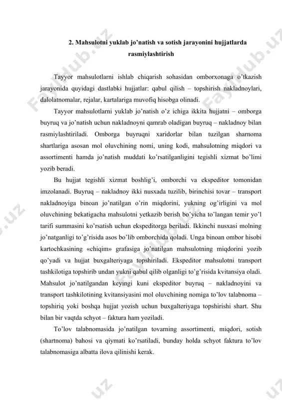 t faktura to’lov talabnomasiga albatta ilova qilinishi kerak. тo’lov talabnomasi mol oluvchining hisob – kitob schyotidan schyot – fakturaga asosan yuklab yuborilgan mahsulot qiymatini o’tkazib berishi to’g’risida mol yuboruvchining bankka bergan buyrug’i bo’lib hisoblanadi. schyot – faktura yoki to’lov talabnomasininig alohida qatorida mol oluvchilar tomonidan to’lanadigan idish va o’rama qiymati hamda temir yo’l tarifi ko’rsatiladi. ayrim hollarda mol yuboruvchining to’laydigan temir yo’l tarifi to’lanmalar summasiga qo’shilishi mumkin, qqs summasi alohida qatorda ko’rsatiladi. mol yuboruvchi bilan mol oluvchi o’rtasida tuziladigan shartnomada mol yuboruvchi mahsulotni qaysi joy (franko – joy) gacha yetkazib berish xarajatlarini o’z hisobiga olishi to’g’risida kelishib olinadi. franko – joyni quyidagi turlari mavjud: mol yuboruvchining franko – ombori – bunda mol yuboruvchi korxona mahsulot yuborish bilan bog’liq bo’lgan barcha xarajatlar (ombordagi, temir yo’l bekatidagi, yuklash – tushirish ishlar qiymati, tashish qiymati va temir yo’l tarifi) to’lov – talabnomasiga qo’shiladi; · franko – yuklab jo’natish bekati – bunda mol yuboruvchi …