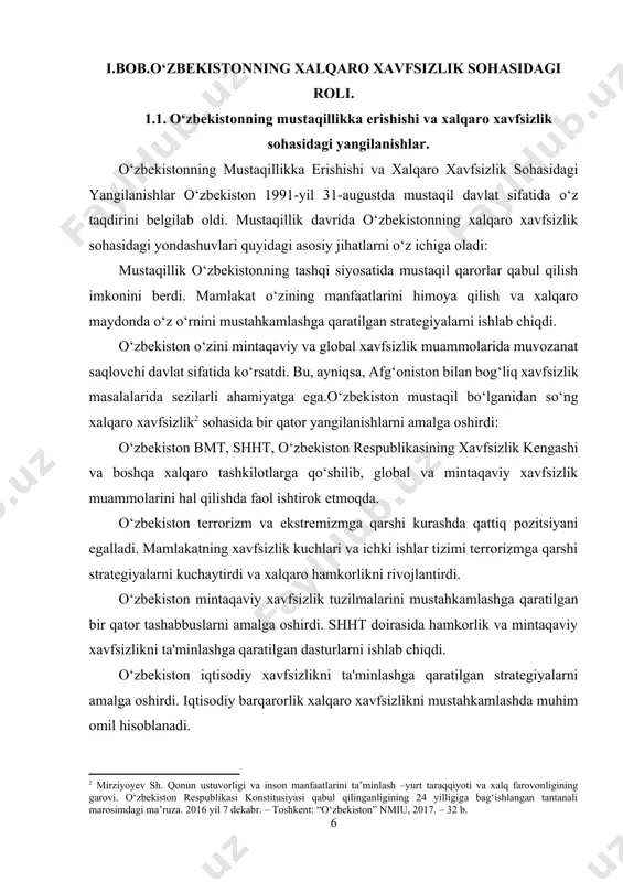 ok etmoqda. o‘zbekiston terrorizm va ekstremizmga qarshi kurashda qattiq pozitsiyani egalladi. mamlakatning xavfsizlik kuchlari va ichki ishlar tizimi terrorizmga qarshi strategiyalarni kuchaytirdi va xalqaro hamkorlikni rivojlantirdi. o‘zbekiston mintaqaviy xavfsizlik tuzilmalarini mustahkamlashga qaratilgan bir qator tashabbuslarni amalga oshirdi. shht doirasida hamkorlik va mintaqaviy xavfsizlikni ta'minlashga qaratilgan dasturlarni ishlab chiqdi. o‘zbekiston iqtisodiy xavfsizlikni ta'minlashga qaratilgan strategiyalarni amalga oshirdi. iqtisodiy barqarorlik xalqaro xavfsizlikni mustahkamlashda muhim omil hisoblanadi. o‘zbekiston ichki ijtimoiy barqarorlikni ta'minlashga qaratilgan dasturlarni amalga oshirdi. aholining ijtimoiy himoyasi va rivojlanishi xalqaro xavfsizlikni ta'minlashda muhim rol o‘ynaydi. o‘zbekiston mustaqillikka erishishi bilan xalqaro xavfsizlik sohasida yangilanishlar va o‘zgarishlarga kirishdi. mamlakat o‘zining mustaqil tashqi siyosatini olib borib, mintaqaviy va global xavfsizlikni ta'minlashda muhim rol o‘ynaydi. xalqaro tashkilotlar bilan hamkorlik, terrorizmga qarshi kurash va iqtisodiy barqarorlikni ta'minlash o‘zbekistonning xavfsizlik strategiyasining asosiy yo‘nalishlaridir. o‘zbekiston 1924-yilda sovet ittifoqining tarkibiga kirdi. bu davr mobaynida mamlakat iqtisodiy va siyosiy jihatdan markaziy boshqaruvga bo‘ysundi.1991-yil 31-avgustda o‘zbekiston o‘z mustaqilligini e'lon qildi. bu …