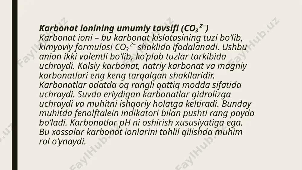 tuvchi gaz hisoblanadi. bu gaz detektor qog‘ozni qoraytiradi, bu esa aniqlash usullaridan biridir. sulfid ionlari kimyoviy tahlil va toksikologik izlanishlarda muhim ahamiyatga ega. sulfid ionining sifat reaksiyasi sulfid ionlarini aniqlashda kislotali muhitda h₂s gazining ajralishi asosiy belgidir. ajralgan gaz o‘tkir hidli va maxsus detektor qog‘oz (qo‘rg‘oshin asetatli) yordamida aniqlanadi. bu qog‘oz h₂s ta’sirida qora rangga kiradi, ya’ni qo‘rg‘oshin sulfidi (pbs) hosil bo‘ladi. bu qora dog‘ sulfid ionining mavjudligidan dalolat beradi. bundan tashqari, sulfid ionlari kumush nitrat bilan reaksiyaga kirishib, qora kumush sulfidi cho‘kmalarini hosil qiladi. ushbu reaksiyada qora rangli cho‘kma aniq ko‘rinadi. ba’zi sulfidlar issiqlik ta’sirida parchalanib, h₂s gazini ajratadi. sulfid ionlarining bunday reaksiyalari ularni ishonchli tarzda aniqlash imkonini beradi. sulfid,sulfit va karbonatlarning taqqoslanishi karbonat, sulfit va sulfid ionlari uchinchi guruhga kiradi, lekin ularning kimyoviy xossalari farqlanadi. karbonatlar hcl bilan co₂ gazini, sulfitlar esa so₂ gazini ajratadi. sulfidlar esa kislotada h₂s gazini chiqaradi. har uchala anion ham kislotali muhitda gaz …