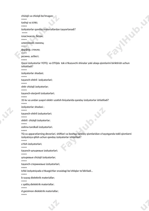 ==== ichki ekranlarni qo'llash; ==== kondensator plitalarini qo'llash; ++++ qmi (qog’oz moyli izolyatsiya) asosini nima tashkil qiladi? ==== qattiq dielektriklar; ==== kabel moyi; ==== transformator moyi; ==== suyuq dielektriklar; ++++ ichki izolyatsiyaning asosiy turlariga nimalar kirmaydi? ==== yog ' to'siqni izolyatsiyasi; ==== gaz va vakuum izolyatsiyasi; ==== qog'oz-moy izolyatsiyasi; ==== germetiklangan kirish izolyatsiyasi. ++++ ichki izolyatsiyaning qaysi turi organik va noorganik izolyatsiyaga bo'linadi? ==== yog ' to'siqni izolyatsiyasi; ==== qattiq izolyatsiya; ==== qog'oz-moy izolyatsiyasi; ==== gaz izolyatsiyasi; ++++ ichki izolyatsiyaning qaysi turi juda kichik dielektrik yo'qotishlar bilan ajralib turadi va ish paytida uning xususiyatlarini deyarli o'zgartirmaydi? ==== qattiq izolyatsiya; ==== qog'oz-moy izolyatsiyasi; ==== gaz izolyatsiyasi; ==== vakuum izolyatsiyasi. ++++ quvvat transformatorlari, avtotransformatorlar va reaktorlarda asosiy izolyatsiya sifatida qanday ichki izolyatsiya ishlatiladi? ==== yog ' to'siqli izolyatsiyasi; ==== qattiq izolyatsiya; ==== qog'oz-moy izolyatsiyasi; ==== gaz izolyatsiyasi; ++++ ichki izolyatsiyani profilaktik nazorat qilishning qancha usullari mavjud? ==== 2; ==== 3; ==== 4; …