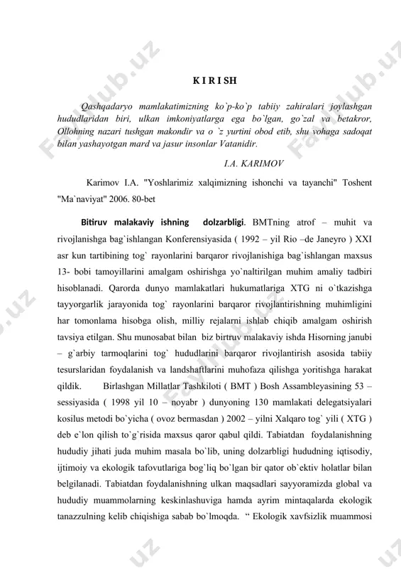 assambleyasining 53 – sessiyasida ( 1998 yil 10 – noyabr ) dunyoning 130 mamlakati delegatsiyalari kosilus metodi bo`yicha ( ovoz bermasdan ) 2002 – yilni xalqaro tog` yili ( xtg ) deb e`lon qilish to`g`risida maxsus qaror qabul qildi. tabiatdan foydalanishning hududiy jihati juda muhim masala bo`lib, uning dolzarbligi hududning iqtisodiy, ijtimoiy va ekologik tafovutlariga bog`liq bo`lgan bir qator ob`ektiv holatlar bilan belgilanadi. tabiatdan foydalanishning ulkan maqsadlari sayyoramizda global va hududiy muammolarning keskinlashuviga hamda ayrim mintaqalarda ekologik tanazzulning kelib chiqishiga sabab bo`lmoqda. “ ekologik xavfsizlik muammosi - deb ta`kidlaydi i.a. karimov, - allaqachonlar milliy va mintaqaviy doiradan chiqib, butun insoniyatning umumiy muammosiga aylangan” (112 - bet). ishlab chiqarish uchun zarur bо`ladigan tabiiy resurslarni topish, ularni iqtisodiy jihatdan baholash va samarali foydalanish yо`llarini belgilash, tabiatni maqsadga mos, tabiatning о`zi va jamiyat ushun ziyonsiz о`zgartirish, inson xо`jalik faoliyatining tabiatga bо`lgan ta`sirini, bu ta`sir tufayli landshaftlarning о`zgarishining asosiy shakllari, yо`nalishlari va intensivligini har …