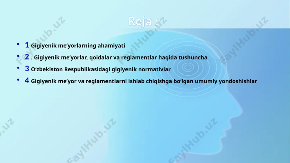 ga sanitariya qoidalari va me’yorlarini yoki sanitariya qoidalari va reglamentlarini oladi. sanq va mdan tashqari o‘zr da normativ hujjatlar qatoriga uslubiy tavsiyanomalar, uslubiy ko‘rsatmalar, instruktiv xatlar, tekshirish usullari kirib, ilmiy izlanish natijalari asosida tayyorlangan hamda ko‘p bosqichli ko‘rib chiqilishi va muhokama qilinishi shart bo‘lgan sharoitlarda ishlab chiqilib, o‘zr ssv tomonidan tasdiqlangan. gigiyenik normativlarni ishlab chiqish - ko‘p bosqichli murakkab ilmiy izlanish natijalari va tashkiliy tarkibga ega jarayon. ammo, har qanday holatda ham gigiyenik me’yorlashtirish va reglamentlash quyi dagi asos bo‘luvchi prinsiplarni hisobga olgan holda amalga oshirilishi kerak: 1. gigiyenik normativlarning davlat xarakteriga ega ekanligi. o‘zrda sanitariya nazorati davlat xarakteriga ega, shuning uchun barcha gigiyenik normativlar ham davlat xarakteriga egadir. ishlab chiqilgan har bir normativ ko‘p bosqichli tekshirishlardan (ekspertiza) o‘tkaziladi, o‘zr ssv tomonidan tasdiqlanadi va o‘zr dagi “aholining sanitariyaepidemiologik osoyishtaligi to‘g‘risida”gi qonuni (2015) ga muvofiq qonuniy kuchga egadir 2. tekshirilgan omilni amaliyotda qo‘llashdan oldin shu omilga nisbatan ilmiy asoslangan reglament ishlab …