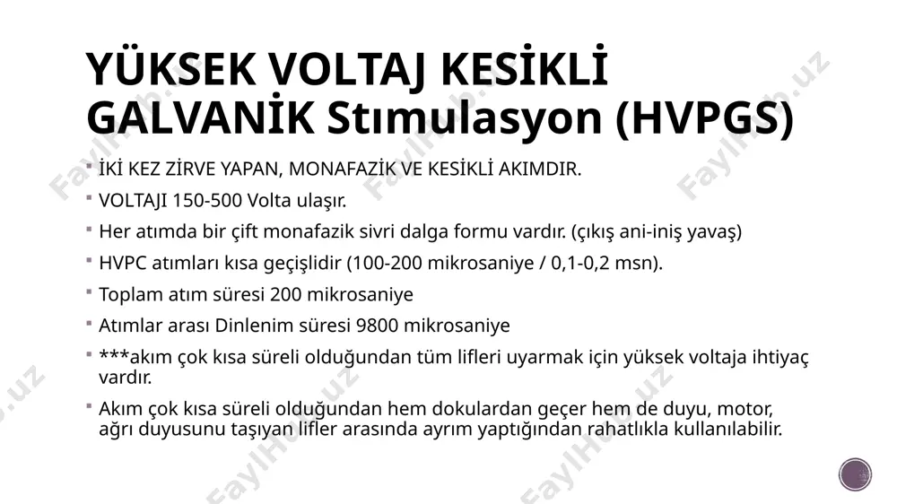 e karın sırt bölgesi elektronik implantlar hemoraj olan alanlar anterior servikal bölge rus akimi kots akımları da denir. frekansı 2.5 khz olan alternatif bir akımdır. kuvvetlendirme sağlar sağlıklı iskelet kaslarında! taşıyıcı frekans 2500 hz’dir. 10 ms süren burstler yapar. her 10ms burst’te 25 döngü yani 50 atım vardır. burstteki her bir sinüzoidal dalga 400 mikrosaniyedir. 10msn süren burst sonrası 10 msn dinlenme vardır. fizyolojık etkileri i̇skelet kasında tıp 1 ve tıp 2 lifler vardır. kas gücü kaybı yaşandığında tip 2 lifler en çok etkilenir. zayıflamış bir kasa elektrik stimülasyonu uygulandığında tip 11 lifler kasılır, tip 1 lifler atım genişliği ve şiddeti belli bir seviyeye ulaşınca (eşik değer) kasılır. kas kuvvetlendirme bu yolla gerçekleşir. tedavı edıcı etkılerı rus akımları düşük frekanslı bir sinüzoidal akım formu ile periferal duyu ve motor sinirlerde depolarizasyon sağlar. hızlı kasılan tip 2 motor ünitler aktifleşir. daha derindeki motor sinir liflerini de uyarır. böylece kuvvetli bir tetanik …