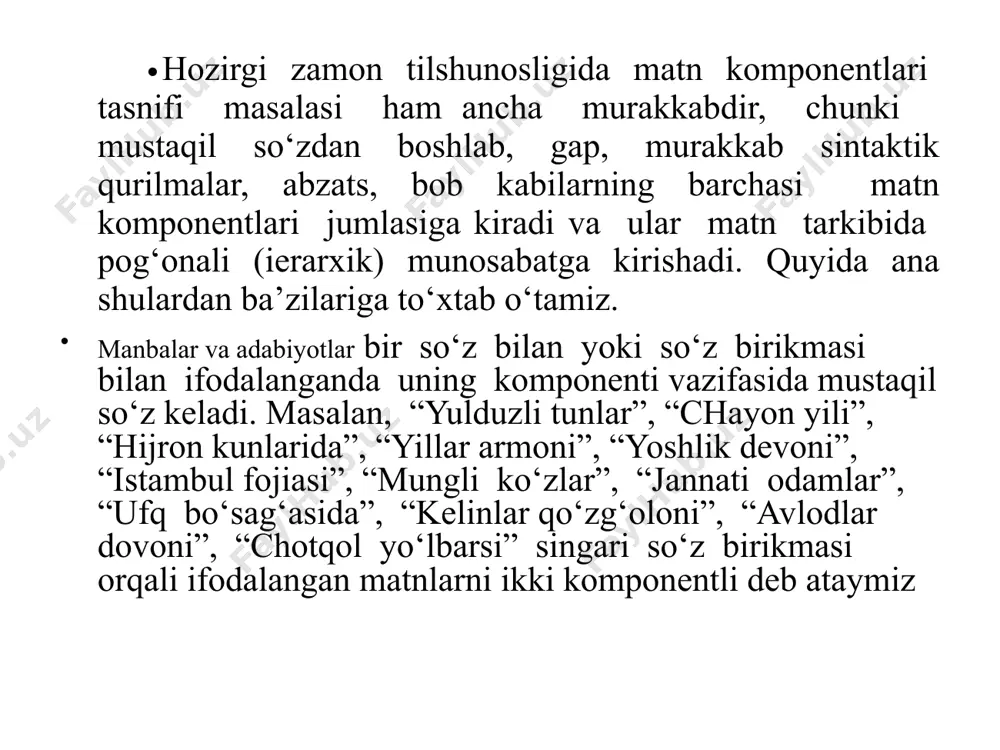 a ortiqcha tashvish bo‘ldi-ku, endi ko‘rmagani shu qoldimi? ko‘zi ilinib uyquga ketdi. jannat xola uning ustiga ikromjonning to‘nini yopib yostig‘ini tuzatdi. nizomjon g‘arq terga pishgan, chakkalaridan marjon marjon ter qo‘yyapti (said ahmad. ufq). ko‘rinadiki, misol sifatida berilgan har ikki matn ham ma’nolariga ko‘ra bir-biri bilan bog‘lanmoqda. abzats katta matn tarkibida qo‘llanilar ekan, o‘sha matnning umumiy ma‘nosi bilan qandaydir yo‘sinda bog‘langan boladi. bunday bog‘lanish, yuqorida stilistik usul tarzida ko‘rib o‘tganimiz singari, ikki matn o‘rtasida kuzatilmasligi ham mumkin. lekin har bir abzats katta matnda ifodalangan umumiy ma‘noning qandaydir parchasi bilan u yoki bu tarzda aloqador bo‘ladi. katta matn tarkibida keluvchi komponentlar o‘z grammatik kategoriyalariga ko‘ra bir xil bo‘lmaydi, albatta. ularning biri so‘z, ikkinchisi so‘z birikmasi, uchinchisi esa gap, to‘rtinchisi murakkab sintaktik qurilma, beshinchisi abzats kabi kategoriyalarda bo‘lishi mumkin. ammo ana shu kategoriyalardagi har bir komponent sintaktik va semantik faollashuvi jihatidan pog‘onali munosabatni taqozo etadi. quyida ana shu masala tavsifiga qisqacha to‘xtab o‘tamiz. …