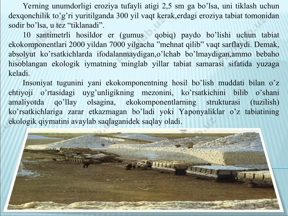 bir xil bo‘lmaydi. ayniqsa yashil o‘simliklar eng ko‘p biomassa to‘plash imkoniyatiga ega. ularning har yili to‘playdigan biomassasi umurtqasiz hayvonlar va mikroorganizmlarga nisbatan bir necha ming marta ko‘p bo‘ladi. turli tabiiy-tuproq mintaqalarda quyidagi miqdorda o‘simlik va hayvon qoldiqlari to‘planishi mumkin: tuproqda to‘planadigan organik qoldiqlarning tarkibida kul moddalar (ca, mg, k, p, si, s, fe singari), uglevodlar, oqsillar, lignin, lipidlar, mumlar, smolalar, oshlovchi moddalar va boshqa organik birikmalar bo‘ladi. nitrifikatsiya – ammiakning nitrat kislotasiga qadar biokimyoviy o‘zgarish jarayoni bo‘lib, unda avtotrof, prototrof bakteriyalar ishtirok etadi. nitrifikatsiya jarayoni 2 bosqichda o‘tadi. 1) 2nh3 + 3o2 → 2hno2 + 2h2o + 158 кал; 2) 2hno2 + o2 → 2hno3 + 58 кал denitrifikatsiya – azot kislotasining azotli kislotalargacha va nitratlarning nitritlarga va molekulyar azotga qadar qayta tiklanish jarayonidir. gumus hosil bo‘lish tezligi, uning borish xarakteri qator omillarga, jumladan, o‘simlik qoldig‘ining miqdori va kimyoviy tarkibiga, tuproq namligi va aeratsiyasiga, muhit reaksiyasiga, oksidlanish - qaytarilish sharoiti-ga, …