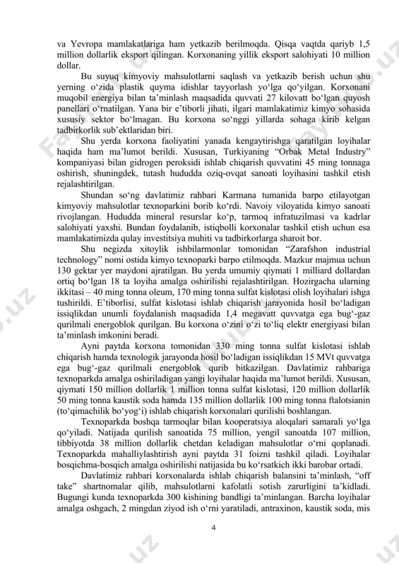 v yakunida ikki mamlakat parlamentlari o‘rtasidagi aloqalarni kengaytirish, “mo‘g‘uliston - o‘zbekiston” parlamentlararo guruhi doirasidagi hamkorlikni faollashtirish, shuningdek, keng hamkorlik uchun aniq tadbirlar rejasini ishlab chiqish to‘g‘risida kelishuvga erishildi. samaradorligi yuqori loyihalar navoiy viloyati iqtisodiyotining tayanchiga aylanmoqda o‘zbekiston respublikasi prezidenti shavkat mirziyoyev 31-oktyabr kuni navoiy viloyatiga tashrif buyurdi. bu hudud rivojlangan industriyasi bilan mamlakatimiz iqtisodiyotida katta o‘rin tutadi. iqtisodiy va investitsiyaviy imkoniyatlar tufayli so‘nggi yillarda yangi korxonalar ko‘payib bormoqda. davlatimiz rahbari dastlab navoiy shahridagi “uzbekistan hydrogen peroxide” qo‘shma korxonasi faoliyati bilan tanishdi. viloyatdagi korxonalarga vodorod peroksidi doim zarur. umuman, yurtimiz sanoat tarmoqlarida bu kimyoviy birikmaga yillik talab o‘rtacha 15 ming tonnadan ziyod. joriy yilda o‘z faoliyatini boshlagan “uzbekistan hydrogen peroxide” qo‘shma korxonasida shunday talabgir mahsulot ishlab chiqariladi. qiymati qariyb 30 million dollar bo‘lgan loyiha doirasida zavod qurilib, xitoy, hindiston, turkiya, germaniya, italiya va shvetsiyadan zamonaviy uskunalar keltirilib o‘rnatildi. 80 ga yaqin kishi ish bilan ta’minlandi. korxona yiliga 30 ming tonna vodorod …