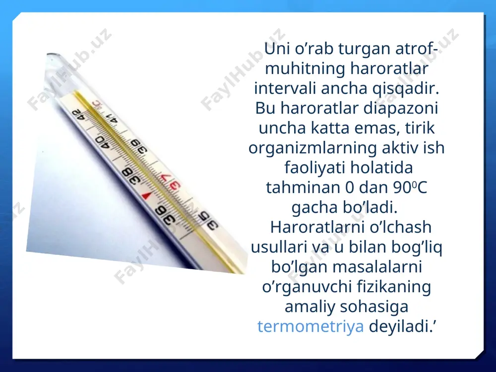 ga qarab eng ko’p tarqalgan termometrlarga suyuqlikni, gazli termometrlar, qarshilik termometri, termometr kabi ishlaydigan termopara va pirometrlar kiradi. harorat o`lchovini o`lchash quyidagilar: suyuqlikni termometrlarda hajm-termometrik xarakteristikasi bo’lib hisoblanadi, suyuqlik (idish odatda simobli va spirtli) esa sezgir element bo’lib hisoblanadi. pirometrlarda termometrik xossa sifatida nurlanish intensivligidan foydalaniladi. pirometrlarning boshqa termometrlardan prinsipial farqi shundaki, ularning sezgir elementlari jism bilan bevosita kontaktda bo’lmaydi. pirometrlardan istalgancha yuqori haroratlarni o’lchashda qo’llaniladi. o’ta past haroratlarni o’lchashda termometrik modda sifatida paramagnetiklardan, o’lchash xossasi sifatida esa ularning magnitlanishning temperaturaga bog’lanishidan foydalaniladi. meditsinada ishlatiluvchi simobli termometr maksimal haroratni ko’rsatadi, shu sababli u maksimal termometr deb ataladi. undagi bu xususiyat uning tuzulishiga bog’liq: simobli rezervuar darajalangan kapillardan qilsimon darajada toraytirilgan qismi bilan ajratilgan bo’lib, bu torayganlik termometr sovugan vaqtda simobning rezervuarga qaytishiga imkon bermaydi. uzoq vaqt kuzatiluvchi past temperaturalarni ko’rsatuvchi minimal termometrlar ham mavjud. kichik intervaldagi haroratlar qiymatini yuqori aniqlikda o’lchash uchun metastatik termometrlardan foydalaniladi. bunday termometrlar suyuqlikli (odatda simobli) …