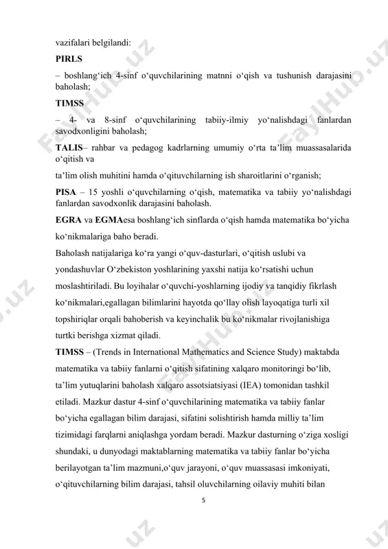 gini ko‘rsatadi va bu orqali ta’limni rivojlantirishni strategik rejalashtirish imkoniyati paydo bo‘ladi. xalqaro baholash dasturlarida ishtirok etayotgan mamlakatimiz o‘quvchilarida qator muammolar yuzaga kelishini kuzatish mumkin. xususan, tegishli fan dasturlarining pisa dasturlariga mos kelmasligi, xalqaro baholash dasturlarining sinov topshiriqlari esa faqat bilim va ko‘nikmalarni emas, balki ularni hayotiy vaziyatlarga qo‘llashni baholashga qaratilganligi o‘quvchilarda: - kontekstda bayon etilgan muammoli vaziyatni fan tilida ifodalash va mulohaza yuritishning noodatiyligi va murakkabligi; - muammoni yechish usulining murakkabligi (bir bosqichlidan tortib ko‘p bosqichligacha bo‘lishi); - taqdim qilinayotgan vaziyat haqidagi ma’lumotlarning noodatiy va turli tuman ko‘rinishlarda berilishi; - taqdim qilinayotgan vaziyat tavsifi matnining kattaligi; - kontekstdagi ma’lumotlarning berilishi va ular orasidan keraklilarini ajratib olishdagi qiyinchiliklar; - topshiriqlar mazmuni fanning qaysi bo‘limiga ta’aluqli ekanligining noaniqligi; - ba’zi topshiriqlarda mantiqiy dalillashning murakkabligi kabi qiyinchiliklarga duch kelish mumkin. mazkur o‘quv dasturida ta’limdagi o‘zgarishlar, metodologiya, baholash shakllari va mezonlari, hodisalarni ilmiy jihatdan tushuntirish, ilmiy tadqiqotlarni loyihalash va baholash, ma’lumotlar va dalillarni …