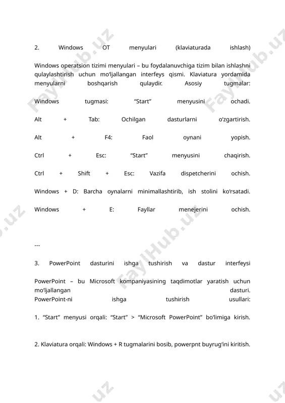 slaydlar ustida ishlash uchun asosiy bo‘shliq. holat paneli: joriy slayd raqami va taqdimot rejimi. --- 4. sanoq tizimlari va axborotlarni kodlash sanoq tizimlari: kompyuterlarda axborotlarni saqlash va qayta ishlash uchun sonlar tizimi ishlatiladi. asosiy sanoq tizimlari: 1. ikkinchi sanoq tizimi (binary): har bir raqam 0 yoki 1 bo‘ladi (asosan kompyuterlarda ishlatiladi). 2. o‘nlik sanoq tizimi (decimal): insonlar kundalik hayotda ishlatadigan 0 dan 9 gacha bo‘lgan raqamlar. 3. o‘n oltilik sanoq tizimi (hexadecimal): 0-9 va a-f belgilari ishlatiladi (masalan, ranglarni kodlashda). axborotlarni kodlash: ma’lumotlarni kodlash usullari: ascii (american standard code for information interchange): har bir belgini raqamli qiymat bilan ifodalaydi. unicode: xalqaro belgilar uchun kengroq imkoniyatlarni taqdim etadi. qr kodlar: raqamli ma’lumotlarni grafik holatda taqdim etish. --- 5. axborot o‘lchov birliklari axborot o‘lchov birliklari ma’lumot hajmini ifodalash uchun ishlatiladi: bit (b): axborotning eng kichik birligi. bayt (b): 1 bayt = 8 bit. kilobayt (kb): 1 kb = 1024 bayt. megabayt (mb): …