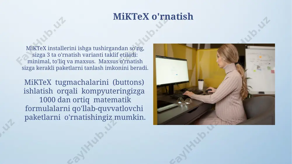 h matnni formatlash uchun, masalan, sarlavhalar uchun \section{}, italik uchun \textit{}, qalin harflar uchun \textbf{} kabi latex buyruqlaridan foydalaning. bu sizga hujjatingizning tuzilishi va ko'rinishini boshqarish imkonini beradi. birinchi latex hujjatingizni yaratish uchun, masalanan, "mening birinchi hujjatim.tex" nomli fayl yarating va unga \documentclass{article} kabi boshlang'ich buyruqlarni kiriting, keyin esa \begin{document} va \end{document} muhitlari orasiga matningizni yozing. e'tiboringiz uchun rahmat @taqdimot_robot image4.png image5.jpg image6.jpg image7.jpg image8.jpg image9.jpg image10.jpg image11.jpg image12.jpg image13.jpg image14.jpg image15.jpg image3.jpeg