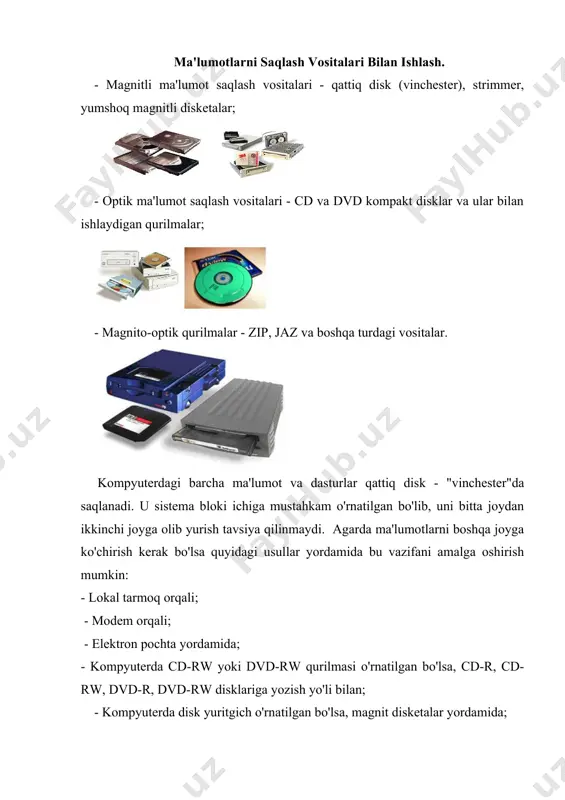 o'rniga yangi - dvd (digital versatile disk - raqamli hajmi katta disk) texnologiyasi keng tarqalib ommalashib bormoqda. dastlabki dvd disklarga yuqori sifatli videoma'lumotlar yozilgan bo'lib, tasvir va ovoz sifati ko'rsatkichlari sezilarli darajada yuqori bo'lgan. keyinchalik ulardan nafaqat video, balki boshqa ma'lumotlarni (data) ham yozishda foydalanilmoqda. shaxsiy kompyuterda dvd disklarni ochish uchun unga dvd rom qurilmasi o'rnatilgan bo'lishi kerak. dvd rom qurilmasi nafaqat dvd, balki cd disklarni ham ochish imkoniyatini yaratadi. hozirgi kunda dvd disklarni o'qishning maksimal tezligi 16 karrani tashkil etadi, ya'ni 13805 kb/sek*16 =22080 kbit/sek, cd disklarni o'qishning maksimal tezligi esa 52 karrani tashkil etadi, ya'ni 150 kbit/sek*52=7800 kbit/sek. bundan tashqari dvd disklarni hajmi ancha kattaroq, chunki ulardagi ma'lumot yoziladigan maxsus joy "pit"lar o'lchamlari kichkinaroq va zichroq joylashgan. natijada dvd diskning hajmi kamida 4.7 gb tashkil etadi. o'lchamlari cd-rom dvd-rom diametr 120 mm 120 mm kengligi 1,2 mm 1,2 mm (0,6 mm qatlam) oraliq masofasi 1,6 mkm 0,74 mkm …