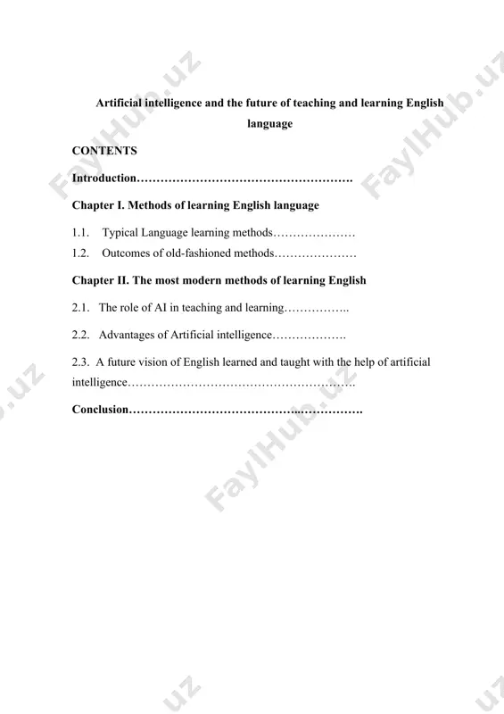 onsider one of the methods of teaching english, and this can be useful for anyone who wants to expand their knowledge and worldview in english. investigation of the course paper: during the preparation of this course work, i used several investigative methods. for example, the method of data collection. the method of data collection is the main way to structure the work. the influence of the english language is very valuable. therefore, many scientists also conducted research on artificial intelligence in teaching a foreign language. the structure of the course paper: this course work is in two chapters: introduction, conclusion and reference. in the introduction, i gave a brief description of my course work. in the first chapter, i looked for information about the techniques necessary in teaching english. and in the second paragraph, i wrote about how ai history works and how to use it in lessons. in the …