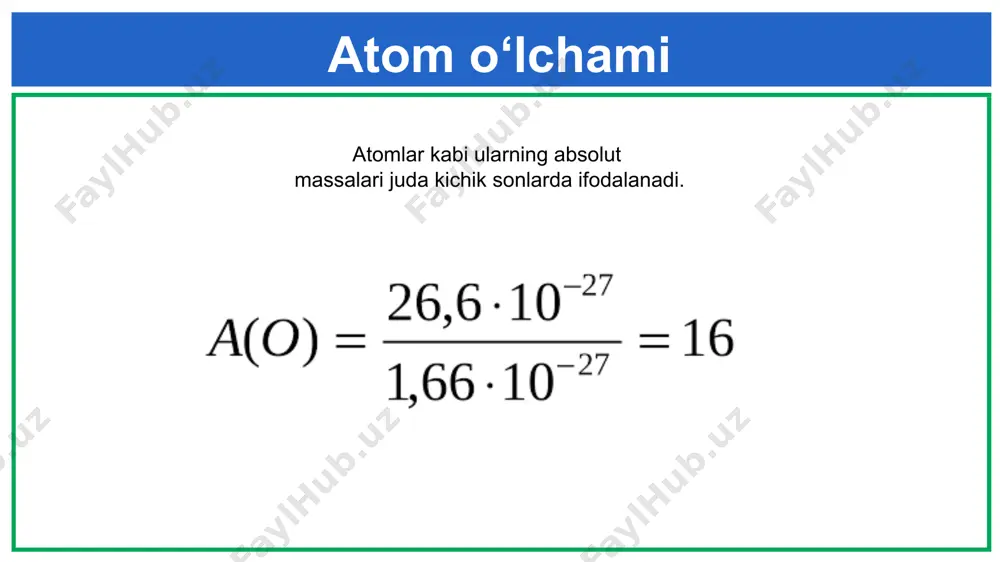 molekulalarning o‘lchami, nisbiy va absolut massasi. mol va molar massa. - Page 3