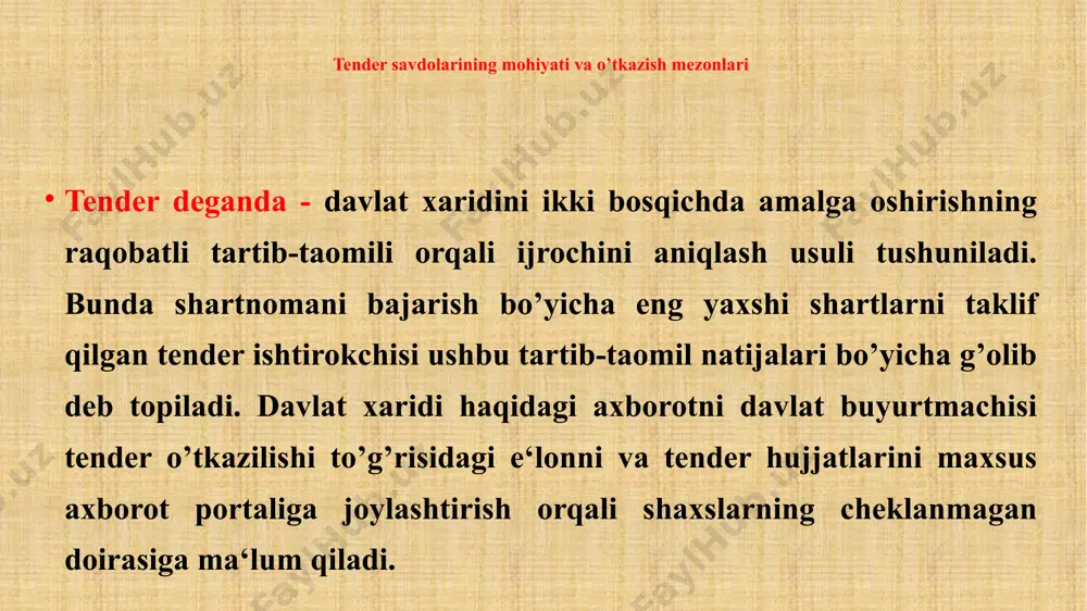 bilan bir vaqtda davlat buyurtmachisi tomonidan joylashtiriladi. tender bo’yicha xarid qilish hujjatlari quyidagilarni o’z ichiga olishi kerak: :  tender o’tkazilishi to’g’risidagi e‘londa ko’rsatilgan axborot;  shartnoma bahosini va ijrochilar bilan hisob-kitoblarni shakllantirish uchun foydalaniladigan valyuta hamda to’lov tartibi haqidagi axborot;  tenderda ishtirok etish uchun taklifni davlat tilida va, zaruriyatga qarab, boshqa tillarda tayyorlash majburiyligi to’g’risidagi talab;  tender ishtirokchisi taklifining texnik va narxga oid qismi, ularni baholash tartibi haqidagi axborot;  tender ishtirokchilariga tender bo’yicha xarid qilish hujjatlari qoidalariga doir tushuntirishlarni taqdim etish tartibi, taqdim etish muddati boshlanadigan va tugaydigan sana;  texnik topshiriq;  qonunga muvofiq tender ishtirokchilarining takliflarini baholash mezonlari va ko’rib chiqish tartibi;  tender ishtirokchilari tomonidan korrupsiya ko’rinishlariga yo’l qo’ymaslik bo’yicha arizani taqdim etish majburiyligi haqidagi talab. tender bo’yicha xarid qilish hujjatlarida davlat buyurtmachisi har bir tovar (ish, xizmat) xarid qilish tartib-taomilining alohida birligi sifatida ko’rib chiqilishini e‘lon qilishi mumkin. bunday holda davlat buyurtmachisi …