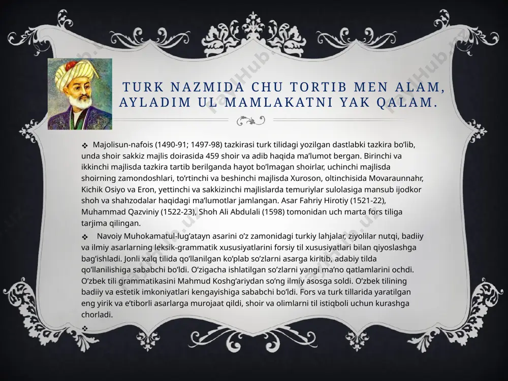 i. shu yili yoshligidan qalbida muhrlanib kelgan "mantiq ut-tayr" ga javob yozadi. "lison ut-tayr" navoiy ijodini yakunlovchi asarlardan biridir. buyuk shoir 1498 -1499 yillarda xatlarini to`plab, "munshaot" tuzdi. unda 88 ta xat jamlangan bo`lib, ularning aksariyati shoirning shoh va shahzodalarga yo`llagan maktublaridir. shoirning 1500-yilning oxirlarida yozib tugatgan "mahbub ul-qulub" asari uning eng so`nggi asari bo`lib qoldi. navoiy 1501-yilning 3-yanvarida vafot etadi. butun xalq - shohdan gadogacha, olimdan cho`pongacha, shoirdan dehqongacha ulug` farzandining o`limiga qayg`u va iztirob bilan motam tutadi. o'limidan har bir uyga tushdi motam, mamlakatning har burchidan chiqdi fig'on. temir yurak, tosh yurakli kishilar ham, bu dahshatli musibatdan yutdilar qon o’zbekiston xalq artisti razzoq hamroyev navoiy rolida besh asrkim nazmiy saroyni titratadi zanjirband bir she’r qilich tig’i yetmagan joyni qalam bilan oldi alisher. image3.png image4.png image5.png image6.png image7.png image8.png image9.png image10.png image11.png image12.jpeg image13.jpeg image14.jpeg image15.jpeg image16.jpeg image17.jpeg image18.jpeg image19.jpeg image20.jpeg image21.png image2.png /docprops/thumbnail.jpeg