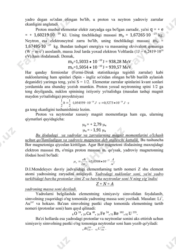 r. ular radiy va shu kabi elementlarning parchalanishida hosil bo'ladi. (-zarralarning massasi elektron massasidan 8000 marta katta bo'lib, zaryadi musbat va absolyut qiymati elektron zaryadidan 2 marta ortiq (2e=3,2∙10-19kl). rezerford tajribasi quyidagi 2.1 - rasmda keltirilgan. ( -zarralar qo'rg’oshin quticha ichida joylashgan 1 manbadan chiqib, 2 tuynukchadan o'tadi va oltin plastinka tomon yo'naladi. ( -nurlari maxsus 5 ekranda yorug’lik chaqnashi orqali qayd qilinadi. tajribaning ko'rsatishicha, ko'pchilik (-zarralar plastinkadan bemalol o'tgan. ba'zilari esa ma'lum burchakka burilgan. ammo shunday ( -zarralar ham uchraganki, ular dastlabki yo'nalishidan 135-1500 ga teng burchakka burilgan. folga-plastinkadan ( - zarraning o'z yo'nalishini o'zgartirmay o'tishi oltin atomlarining ichida bo'shliq fazo mavjud ekanligini tasdiqlaydi. haqiqatdan ham, zaryadli zarralar atom ichida bir tekis taqsimlanganda edi, kulon qonuniga ko'ra barcha ( -zarralar ma'lum burchakka burilgan bo'lar edi. tajriba natijasiga asoslangan holda rezerford atom yadrosi haqidagi g’oyani ilgari surdi. bu qoyaga ko'ra, atomning deyarli qamma massasi va uning musbat zaryadi o'lchami atom …