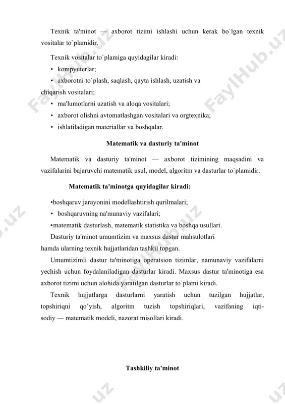 faqat kompiyuterterminidan foydalanamiz. kompiyuterlarning amalda turli hillari mavjud: raqamli, analogli (uzluksiz), raqamli-analogli, mahsuslashtirilgan. ammo, raqamli kompiyuterlar foydalanilishi, bajaradigan amallarning universalligi, hisoblash amallarining aniqligi va boshqa ko`rsatkichlari yuqori bo`lgani uchun, ular ko`proq qo`llanilmoqda. kompiyuterlar hotirasining hajmi, bir sekundda bajaradigan amallar tezligi, ma`lumotlarning razryad to`rida (yacheykalarda) tasvirlanishiga qarab, guruhlarga bo`lish mumkin: - super kompiyuterlar (super computer); - katta kompiyuterlar (mainframe computer); - mini kompiyuterlar (minicomputer); - shahsiy kompiyuterlar (pc-personal computer); - bloknot (notebook) kompiyuterlar. super kompiyuterlar - juda katta tezlikni talab qiladigan va katta hajmdagi masalalarni echish uchun mo`ljallangan bo`ladi. bunday masalalar sifatida ob-havoni global prognoziga oid masalalarni, uch o`lchovli fazoda turli oqimlarning kechishini o`rganish masalalari, global axborot sistemalar va hokazolarni keltirish mumkin. bu kompiyuterlar bir sekundda 10 trilliardlab amal bajaradi. hususan, bu kompiyuteryadro sinovlarini va eskirayotgan yadro qurollarini modellashtirishda qo`llaniladi. shuni qayd qilish lozimki, superkompiyuterlarning ma`lum yo`nalish masalalarini echishga qaratilgan turlari ham mavjud. katta kompiyuterlar (mainframe computer)- fan va tehnikaning turli …