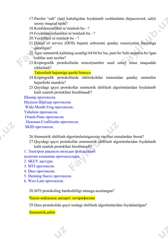 liligi nimaga asoslangan? чекли майдонда дискрет логарифмлаш 29. dass protokolida qaysi turdagi shifrlash algoritmlaridan foydalanilgan? simmetrik,arbitr 30. denning-sacco protokolida qaysi turdagi shifrlash algoritmidan foydalanilgan? assimetrik 31. woo-lam protokoli nechi tomonlama autentifikatsiyalashni nazarda tutadi? 2 tomonlama 32. gibrid shifrlash usuli deb nimaga aytiladi? 33. gibrid shifrlash usulining mohiyati qanday? 34. gibrid shifrlash usulining kamchiligi nimada? ochiq kalit kimga tegishliligini bilmaslik 35. pki(publik key infrastructure) tizimlarining vazifasi nima? очиқ калитлардан хавфсиз фойдаланиш учун керакли бўлган барча “нарсалар”ни ўзи ичига олади. очиқ калитлар инфратузилмаси очиқ калитни идентификациялаш ва унинг тақсимотини таъминлайди. 36. odatda raqamli sertifikatda qanday ma’lumotlar bo‘ladi? foydalanuvchi nomi,uning ochiq kaliti,tashkilot imzosi 37. qaysi javobda pki arxitekturasining turlari to‘g‘ri keltirilgan? 38. x.509 sertifikatidan foydalanilga protokollar ro‘yxatini ko‘rsating? 39. ppp protokolining tarkibini qaysi protokolllar tashkil etadi? link control protocol authentication protocol network control protocol 40. ppp protokolida autentifikatsiyani qaysi protokollar amalga oshiradi? pap, eap, chap 41. pptp protokoling vazifasi nimadan iborat? tcp/ip ga …