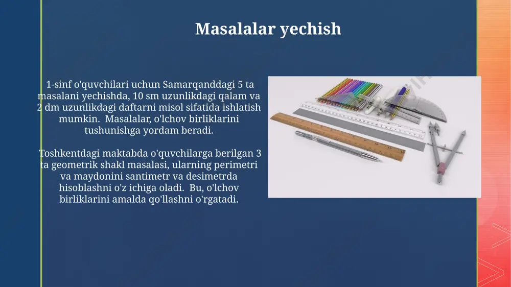 10 millimetrga teng (1 sm = 10 mm) bo'lib, bu o'lchov birliklari orasidagi o'zaro bog'liqlikni ko'rsatadi. farg'ona vodiysidagi birinchi sinf o'quvchilari chizmalarini chizishda bu o'lchovlar bilan tanishadilar. o'lchov vositalari тошкент шаҳридаги 5-мактабда ўтказилган тажрибада, 20 та ўқувчидан 18 таси 100 см ли лентани 10 дециметрга бўлишни билиб, 5 см ли кичик қисмларни ўлчашда қийинчиликларга дуч келишган. ўзбекистондаги кўпгина мактабларда, 1-синф ўқувчиларига ўлчовларни аниқлаш учун, 30 см ли линейкалардан фойдаланиш таклиф этилади, бу эса уларга дециметргача бўлган масофаларни аниқроқ ўлчашга ёрдам беради. amaliy mashqlar: santimetr farg‘ona viloyatidagi darsda o‘quvchilarga 30 santimetr uzunlikdagi lenta berilib, uni turli uzunlikdagi qismlarga bo‘lish va har bir qismining uzunligini santimetrda aniqlash vazifasi qo‘yildi. samarqanddagi 1-sinf o‘quvchilariga 15 ta turli uzunlikdagi predmetlarni (masalan, qalam, daftar, o‘chirg‘ich) santimetr yordamida o‘lchash va natijalarni daftarga yozib borish topshiriq berildi. santimetr va desimetr bilan o'lchash samarqanddagi 1-sinf o'quvchisi 10 sm uzunlikdagi qalamni va 1 dm uzunlikdagi o'lchov asbobini solishtirib, 1 desimetrning …