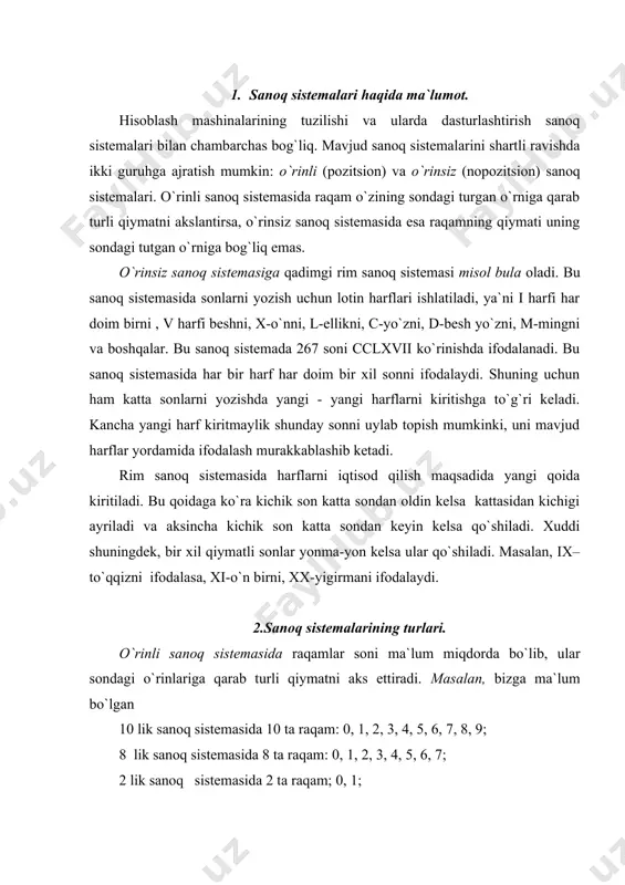 sida 16 ta raqam: 0, 1, 2, 3, 4, 5, 6, 7, 8, 9, a, b, c, d, e, f mavjud. odatda, 16 lik sanoq sistemasida yetishmaydigan raqamlar o`rniga lotin alifbosining bosh harflari: a, b, c, d, e, f lar qo`llaniladi. umuman ixtiyoriy p sanoq sistemasida raqamlar soni r ta bo`lib, ular 0 bilan r-1 orasida bo`ladi va r-shu sanoq sistemasining asosi deyiladi. 0 dan r-1 gacha bo`lgan raqamlar esa, shu sanoq sistemaning bazasi deb ataladi. barcha o`rinli sanoq sistemalarida 0 va 1 raqami mavjud bo`lganligi uchun, bu sistemalarning asosi sifatida 10 soni olingan. o`nlik sanoq sistemasi hindistonda kashf etilgan bo`lib, keyinchalik u arablar orqali yevropaga tarqalgan. yuqorida​ ta`kidlaganimizdek, o`nlik sistemada har bir raqam o`zining sondagi tutgan o`rniga qarab ma`lum qiymatni aniqlaydi. masalan, 4444 sonida 4 to`rt marta uchraydi va o`ngdan birinchisi 4 ta birlikni, ikkinchisi 4 ta o`nlikni, uchinchisi 4 ta yo`zlikni va to`rtinchi 4 esa 4 ta minglikni …
