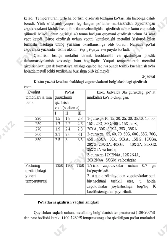 shdagi qizdirish vaqti. kvadrat tomonlari a mm larda po‘lat guruxlarini qizdirish vaqti(soatlarda) izox. jadvalda 3ta guruxdagi po‘lat markalari ko‘rib chiqilgan. i ii iii 220 1.5 1.9 2.3 1-guruxga 10, 15, 20, 25, 30, 35,40, 45, 50, 15g, 20g, 30g, 40g, 15x, 20x, 20xa, 30x, 30xa, 35x, 38xa 2-guruxga: 55, 60, 70, 50g, 60g, 65g, 70g, 45x, 45xa, 50x, 50xa, 15xg, 15xga, 20xg, 20xga, 40xg, 40xga, 35xg2, 35xg2a va boshq. 3-guruxga:12x2n4a, 12x2n4a, 20x2n4a, 5xgm va boshqlar 250 1.7 2.2 2.6 270 1.9 2.4 2.8 300 2.1 2.6 3.1 350 2.5 3 3.5 pechning qizdirishdagi yuqori temperaturasi 1250 1200 1150 1.yirik zagotovkalar uchun 0.7 ga ko‘paytiriladi. 2. agar qizdirilayotgan zagotovkalar soni bir-nechtani tashkil etsa, u holda zagotovkalar joylashishiga bog‘liq k koeffitsientga ko‘paytiriladi. po‘latlarni qizdirish vaqtini aniqlash quyishdan saqlash uchun, metallning bolg‘alanish temperaturasi (180-2000s) dan past bo‘lishi kerak. 1100-12800s temperaturagacha qizdirilgan po‘lat markalari yirik donali tuzilishga ega bo‘lib qoladi. biroq, bolg‘alash vaqtida bu …