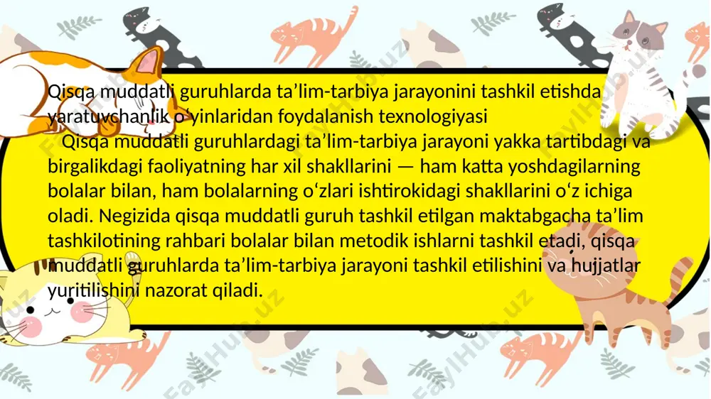 ashxisli bolalar ham yakka tartibdagi reja bo‘yicha ta’lim oladi; “muammoli bola” guruhi – soni 15 nafardan kam, biroq 20 nafardan ortiq bo‘lmagan 4 yoshdan 7 yoshgacha bo‘lgan nogiron bolalar uchun ularga muntazam ravishda psixologik tibbiy-pedagogik yordam ko‘rsatish, ta’lim jarayoniga jalb etish, ijtimoiy moslashtirish, bolalarni tarbiyalash va o‘qitishni tashkil etishda ota-onalarga yordam berish maqsadida tashkil etiladi. ushbu guruhda nogiron bolalar bilan birgalikda sog‘lom bolalar ham bo‘lishi mumkin, nogiron bolalar (aqliy yetukligi saqlangan] soni 3 nafardan kam bo‘lmasligi lozim. maktabgacha ta’lim tashkilotida qisqa muddatli guruhlarning boshqa turlari ham tashkil etilishi mumkin. qisqa muddatli guruhlarda bemor va nogiron bolalar bilan ishlaganligi uchun tarbiyachi va tarbiyachining yordamchisiga qo‘shimcha haq to‘lanmaydi. quyidagilar qisqa muddatli guruhlar faoliyatini moliyalashtirish manbalari hisoblanadi: o‘zbekiston respublikasi davlat byudjeti mablag‘lari; tarbiyalanuvchining davlat maktabgacha ta’lim tashkilotsida bo‘lgan davri uchun badal to‘lovlari; jismoniy va yuridik shaxslarning homiylik xayriyalari; qonun hujjatlarida taqiqlanmagan boshqa manbalar. tarkibida qisqa muddatli guruh mavjud bo‘lgan davlat maktabgacha ta’lim tashkilotsining …