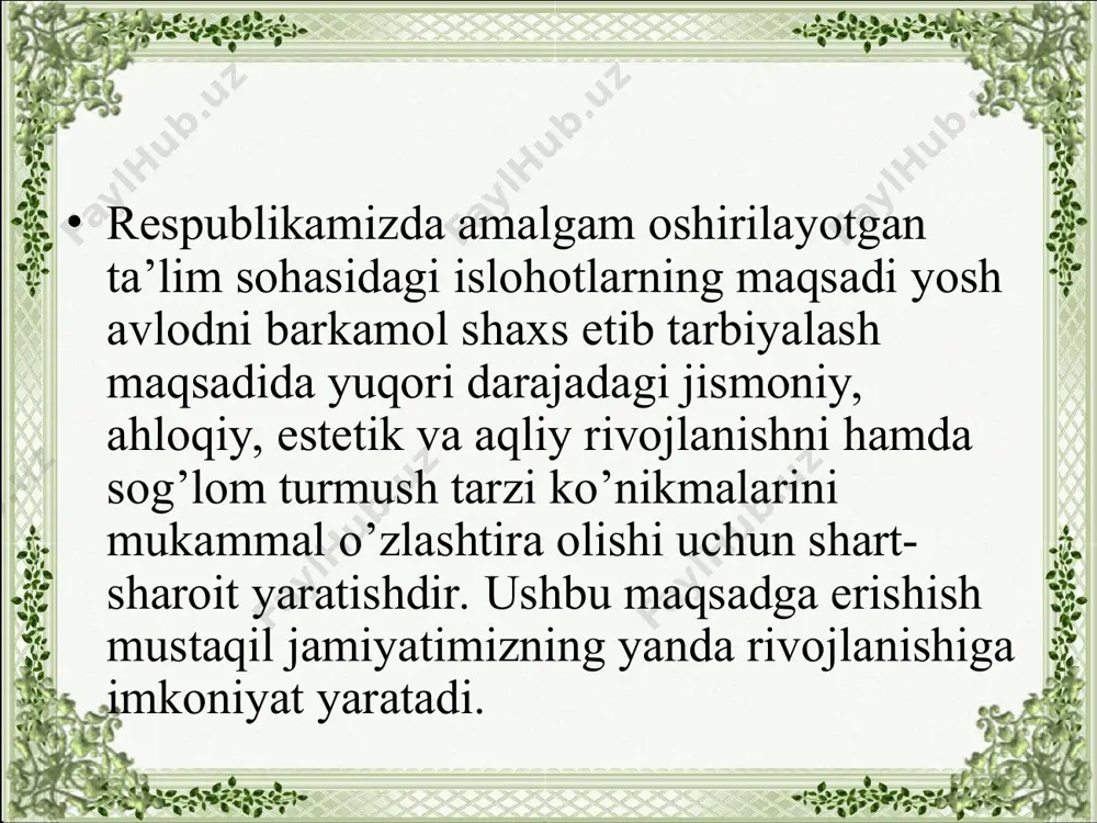 ir. bularning qay birida mutanosiblik buzilsa, demak, o’sha oiladagi sog’lom muhitning yuzaga kelishi uchun sharoit yaratiladi. nosog’lom oilaviy muhit o’sayotgan bolaning ruhiyatiga salbiy ta’sir qiladi, ularda yomon odatlarning paydo bo’lishini ta’minlaydi. bola o’ziga xos xarakter bilan tug’ilmaydi. bolada ijobiy xarakterning tarbiyalanishida oila bilan birgalikda maktab, mahalla, tengdosh va umuman atrof-muhitning ta’siri katta. shu bois, sog’lom turmush tarzini qaror toptirishda ham atrofdagilar bilan uyushtiriladigan tadbirlarning alohida ahamiyatga ega ekanligini unutmasligimiz lozim. quyida 5 kunlik ommaviy sog’lom turmush tarzini shakllantirishga yo’naltirilgan trening dasturi berilgan. vatanimizning kelajagi bo’lgan farzandlarimizni odobli, aql-farosatli va bilimdon qilib tarbiyalash davr talabi. yoshlarni har tomonlama ma’naviy yetuk barkamol shaxs sifatida tarbiyalash murakkab va muhim vazifalardan bo’lib, oila, ta’lim muassasalari, mahalla va jamoatchilik bu yuksak maqsadni amalga oshirishda bevosita birdek mas’uldirlar. barkamol shaxsni tarbiyalashda, bolani dunyoga kelganidan boshlab to voyaga etguniga qadar bo’lgan davrdagi psixologik xususiyatlarini bilish, tug’ma layoqatlarini aniqlash, shuningdek qulay muhit yaratish, ta’lim tizimida faol ishtirokini ta’minlashda …