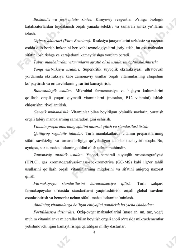 ilarni qo‘llab-quvvatlash: import o‘rnini bosuvchi, sifatli va arzon dori vositalarini, shu jumladan vitamin preparatlarini ishlab chiqarishni rag‘batlantirish bo‘yicha davlat siyosati. investitsiyalarni jalb qilish: farmatsevtika sohasiga xorijiy va mahalliy investitsiyalarni jalb qilish orqali zamonaviy texnologiyalarni joriy etish va ishlab chiqarish hajmini oshirish. gmp (good manufacturing practice) standartlarini joriy etish: mahalliy korxonalarda dori vositalarini ishlab chiqarishning xalqaro sifat standartlariga muvofiq bo‘lishini ta’minlash. bu, albatta, vitamin preparatlariga ham tegishli. sog‘liqni saqlash tizimini takomillashtirish: profilaktika va sog‘lom turmush tarzini targ‘ib qilish: aholining salomatligini mustahkamlash, shu jumladan to‘g‘ri ovqatlanish va vitaminlarni yetarli miqdorda iste’mol qilish bo‘yicha targ‘ibot ishlari. mikroelementlar yetishmovchiligi bilan kurashish dasturlari: aholining ayrim guruhlarida (masalan, bolalar, homilador ayollar) temir, yod va boshqa muhim mikroelementlar qatori vitaminlar yetishmovchiligining oldini olish bo‘yicha milliy dasturlar ishlab chiqilishi va amalga oshirilishi mumkin. birlamchi tibbiy-sanitariya yordamini kuchaytirish: oila shifokorlari va poliklinikalar orqali aholiga vitaminlar va ularning ahamiyati haqida ma’lumot berish, zarur hollarda vitamin preparatlarini tavsiya qilish tizimini takomillashtirish. …
