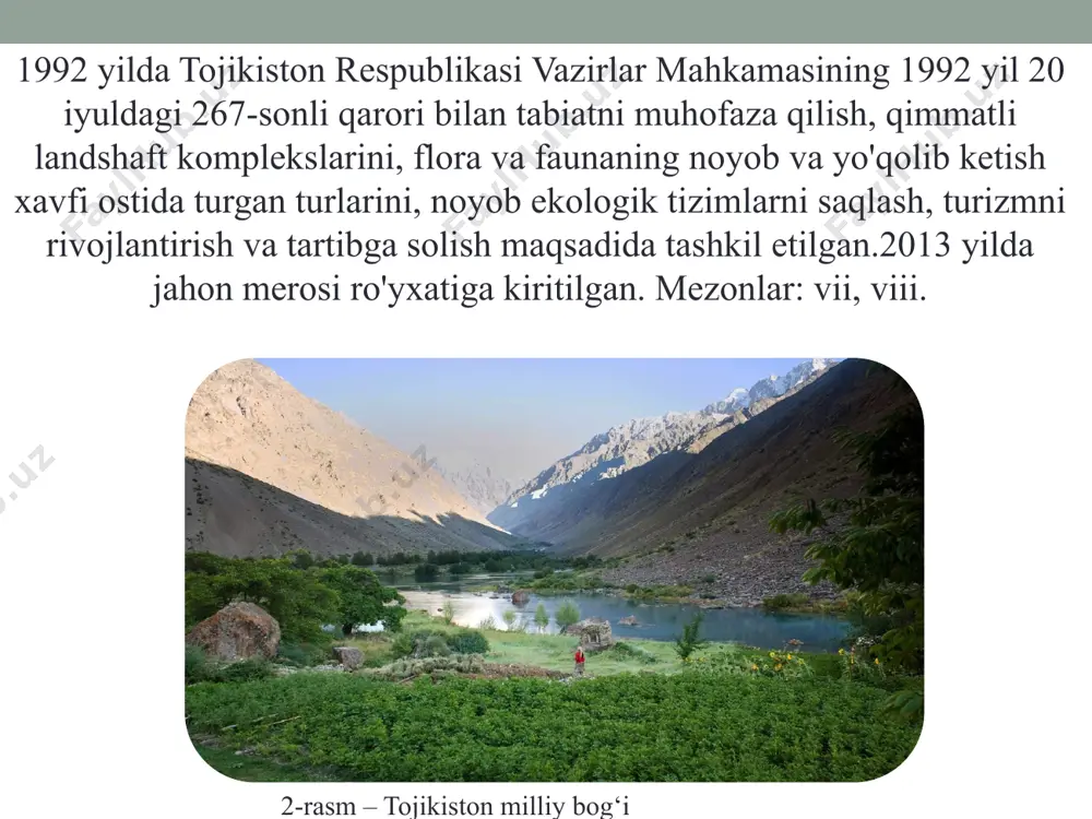 idan, ulkan muzliklarning mavjudligi: fedchenko muzligi-77 km.ikkinchidan, bu qorako'l va sarez ko'llari, sayyoramizning yirik suv havzalari orasida eng baland tog'lardan biri. tojikiston milliy bog'ining tabiiy qiyofasi ishlatilgan manbalar ro'yxati: dunyoning fizik-geografik atlasi. moskva, 1964 yil http://heritage-institute.ru / - jahon merosi ro'yxatidagi xorijiy ob'ektlar (ob'ektlarning rasmiy qisqacha tavsiflarini tarjima qilish v. r. krogius, n. v. maksakovskiy)http://www.klimadiagramme.de/ - klimadiagramme weltweitdunyoning fizik-geografik atlasi. moskva, 1964 yil http://heritage-institute.ru / - jahon merosi ro'yxatidagi xorijiy ob'ektlar (ob'ektlarning rasmiy qisqacha tavsiflarini tarjima qilish v. r. krogius, n. v. maksakovskiy)http://www.klimadiagramme.de/ - klimadiagramme weltweit;http://www.tajikinvest.tj/ru/index/index/pageid/177 / - tojikiston respublikasining germaniya federativ respublikasidagi savdo vakolatxonasihttp://www.elbrustours.ru / - kamalak ustidahttps://ru.wikipedia.org/wiki / tojikiston milliy bog'ihttp://enrin.grida.no/htmls/tadjik/soe2/rus/htm/land/state.htm -tojikiston: atrof-muhit holati http://archive.ec/yklmu -tojikiston qo'riqxonalarihttp://umeda.ru/tour_national_parks -milliy bog'lar http://www.greensalvation.org/old/russian/publish/14_rus/14_07.htm -tojikistonning tabiiy merosihttp://enrin.grida.no/htmls/tadjik/soe2/rus/htm/land/state.htm -tojikiston: at e'tiboringiz uchun tashakkur! image2.png image3.png image4.png image5.png image6.png image7.png image8.png image9.png image10.png image11.png image12.png image13.png image14.png image15.png image16.png image17.png image18.png image19.jpeg image20.jpeg image21.jpeg image22.png image23.png image24.jpeg image25.jpeg image26.jpeg image27.jpeg image28.png image29.jpeg image38.png image30.png …