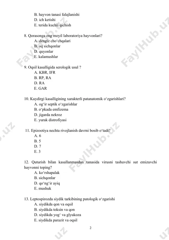 oladi? a. 34 oygacha b. 300 kun d. 200 kun e. 24 oygacha 15. suyuq go‘ngni zararsizlantirish usullari ? a. bug‘ va biotermik, xlorli oxak sepish, chiritish usuli b. yondirish, ko‘mish, qaynatib pishirish usuli bilan d. xlorli ohak sepish, pishirish, yondirish e. yondirish, chuqurga ko‘mish, qaynatish usuli bilan 16. zooantroponozlarga qaysi kasalliklar kiradi? a. quturish, leptospiroz, manqa, tuyalar o‘lati b. leykoz, paragrippb. 3, itlar o‘lati, cho‘chqa o‘lati d. qorason, saramas, tuberkulyoz, go‘shtxo‘rlar o‘lati e. n’yukasl, bradzot va enterotoksemiya, qoramol o‘lati 17. qaysi kasalliklarda allergik tekshirish maqsadga muvofiq? a. tuberkulyoz, brutsellyoz, manqa, paratuberkulyoz b. leykoz, manqa, leptospiroz, saramas d. saramas, qorason, qoqshol, kuydirgi e. listerioz, tuyalar o‘lati, quturish 18. qorason kasalligida qachon karantin bekor qilinadi ? a. 14 kun o‘tib b. 21 kun o‘tib d. 30 kun o‘tib e. 10 kun o‘tib 19. brutsellyozni qaysi kasalliklardan farqlash kerak? a. trixomonoz, leptospiroz, kampilobakterioz b. tuberkulyoz, vibrioz, pasterellyoz d. pasterellyoz, kuydirgi, leptospiroz e. …