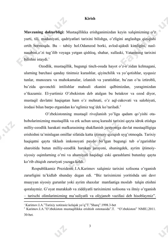 san markscha-lenincha mafkuraga tayanardi. natijada ilmiy muomalaga ko’plab manbalar ko’plab faktik materiallar kiritilganligiga qaramay, tarixiy jarayonlar butun ziddiyati va murakkabligi bilan baholanmay haqqoniy ilmiy bilimlar o’rniga vaziyatni to’g’ri aks ettirmaydigan soxta tarixiy manzaralar yaratildi. turkistonda sovet hokimiyati o’rnatilishi hamda ijtimoiy-siyosiy harakatlarni o’rganishga,shuningdek, jadidchilikni tadqiq etishga qaratilgan. 80-yillar oxirlarigacha yaratilgan deyarli barcha ilmiy tadqiqotlarda turkiston muxtoriyatining mohiyati va tushunchasini atay toraytirish maqsadida unga “qo’qon muxtoriyati” degan nom berilib, uning tashkilotchilari “pan islomchi”,”pan turkchi”,”aksilinqilobchi deb ataladi. ikkinchisi – “qayta qurish” davri.so’nggi yillardagi adabiyotlarni o’rganish shuni ko’rsatadiki, 80-90-yillar davomida “qayta qurish” ta’sirida partiya mafkuraviy zug’umining birmuncha kuchsizlanishi va sssrning parchalanishi bilan tarix fanida sog’lomlashish jarayoni namoyon bo’la boshladi. ular tarixiy voqealarga sinfiy yondashuvdan qochish umuminsoniy qadriyatlar ustuvorligiga suyanishga,yo’nalish kabilarda uchraydi. o’z-o’zidan ma’lumki, o’zbek xalqining ozodlik va mustaqillik uchun kurash manbalariga e’tibor keskin kuchaydi. shuni ta’kidlash lozimki, gazeta va jurnallardagi maqolalar bilan bir qatorda risolalar ham paydo bo’ldi. biroq ularda bizning tahlilimiz ko’rsatishicha, muammoning …