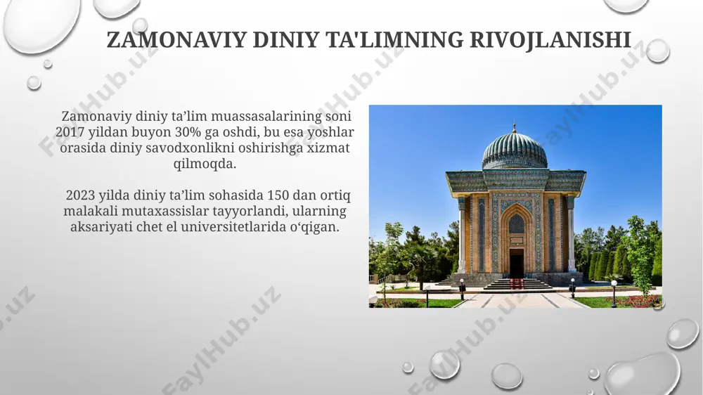 dasturlari va ularning ijrosi davlat dasturlarining 2020-2025 yillarga moʻljallangan ijrosi doirasida din sohasidagi islohotlarga 5 milliard soʻm miqdorida mablagʻ ajratilgan. diniy sohada amalga oshirilayotgan islohotlarni nazorat qilish uchun 15 ta maxsus komissiya tuzilgan boʻlib, ularning hisobotlari har chorakda taqdim etiladi. konstitutsiyaviy kafolatlar va diniy erkinliklar konstitutsiyaning 18-moddasi diniy erkinliklarni kafolatlaydi, 200 dan ortiq diniy tashkilotlar faoliyat yuritadi va ularning huquqiy holati aniq belgilangan. diniy ta’lim muassasalarida 5000 dan ortiq talaba tahsil olmoqda, ularga zamonaviy ta’lim dasturlari asosida diniy bilimlar berilmoqda. yoshlarni diniy ekstremizmdan himoya qilish “yoshlarni diniy ekstremizmdan himoya qilish” dasturi doirasida 2018-2022 yillarda 1500 dan ortiq diniy ekstremizmga moyil yoshlar reabilitatsiya markazlarida ijtimoiy moslashuv dasturlaridan o'tdi. ta'lim muassasalarida diniy ekstremizmning oldini olishga qaratilgan maxsus o'quv dasturlarini joriy etish natijasida 2021 yildan buyon 30 mingdan ortiq o'qituvchi va talaba malaka oshirdi. islohotlarning asosiy maqsad va vazifalari islohotlar davlat tomonidan taʼminlanadigan 1000 dan ortiq diniy taʼlim muassasalarining moddiy-texnik bazasini yaxshilashni oʻz …