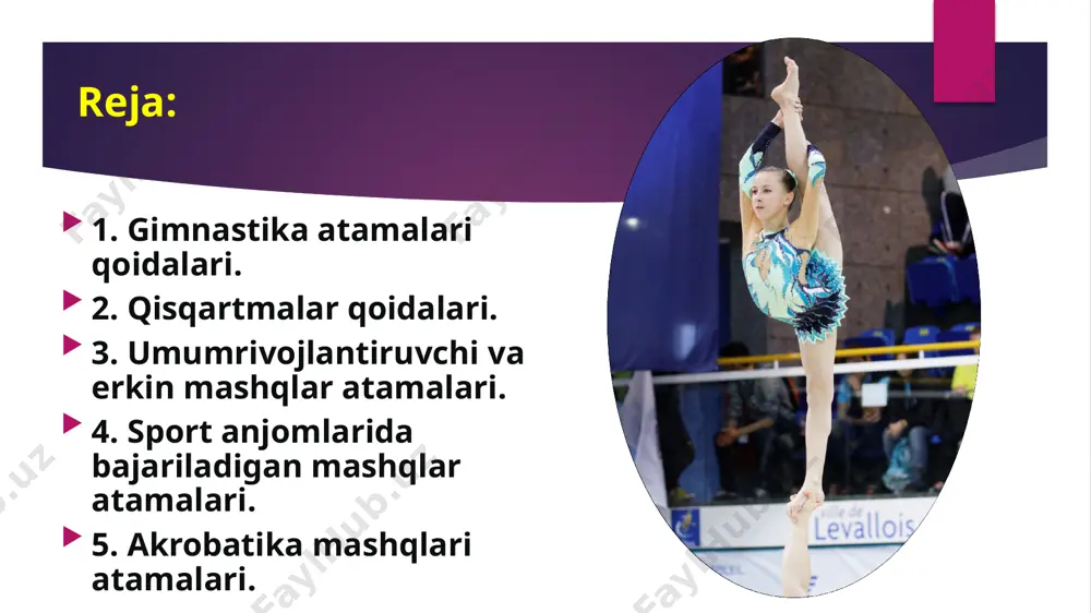 angi atamalik ma’no berish. gimnastikada bunday atamalarga, masalan, kuprik, kirish, utish, chikish kiradi. atamalar urnida aloxida suzlar uzaklari kiradi, masalan: osilish, tayanish, silkinish, utirish. statistik xolatni bildirgan atamalar tayanch shartlarini xisobga olgan xolda xosil kilinadi, masalan: tayanish, yelka bilagiga tayanish, kullarga tayanish, ikkala kurakda turish, boshda turish, kullarda turish - va tana xolatlari, masalan: osilish, burchakli osilish, engashib osilish, bukilib osilish. silkinish mashklari atamalari u yoki bu xarakatlanish xususiyatlarini xisobga olgan xolda xosil kilinadi, masalan: yelka bilaklariga tayanishdan oldinga silkinish bilan kugarilish, kadni rostlab kutarilish, ikkita yoki bittasi bilan kutarilish. sport gimnastikasida sakrash va sakrab tushishlar atamalari uchish fazasida tomaning xolatiga kura aniklanadi, masalan: oyoklarni bukib, oyoklarni ochib sakrash. barcha atamalar kuyidagi guruxlarga bulinadi: 1. umumiy atamalar - mashklarniig aloxida guruxlari, umumiy tushunchalarnn aniklash uchun ishlatiladi, masalan: saf mashklari, erkin mashklar. 2. mashkning ma’noli belgilarini anik aniklashga imkon beradigan asosiy (anik) atamalar, masalan: kutarilish, osilib tushib turish, aylanish, burilish, osilish^ …