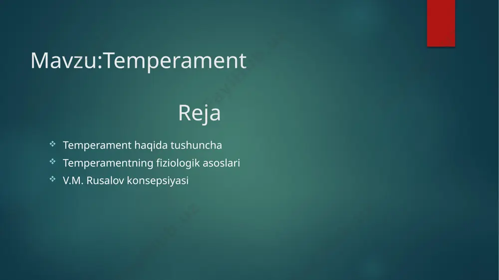 qiluvchi inson, u barchasiga ham munosabat bildirmaydi, agar bildirgudek bo‘lsa ham chuqur o‘ylaydi, o‘z hislarini u darajada namoyon qilmaydi, flegmatik – sust, mutanosib va xotirjam odam, uning emotsional ta’sirlanishi oson emas, va o‘zidan chiqarish qiyin, hislari tashqaridan deyarli namoyon bo‘lmaydi. v.m. rusalov asab tizimi xossalri konsepsiyasi asosida 1980 yil oxirlarida temperament xossalarining ta’rifini keltirgan. u fiziologiyaning hozirgi zamon ma’lumotlaridan foydalandi. v.m. rusalov, p.k. anoxinning funksional tizimlar nazariyasidan kelib chiqqan holda, to‘rtta xil blokdan iborat – axborotni saqlash, harakatlantirish va qayta ishlash (afferent sintez bloki), dasturlash (qaror qabul qilish), ijro qilish va teskari aloqa kabi afferent sintezning kengligi va torligiga, hulq-atvorning bir dasturdan ikkinchisiga osonlik bilan o‘tishga, hulq-atvor joriy dasturining amalga oshish tezligi va harakat real natijasining o‘z akseptoriga mos kelmasligiga nisbatan sezuvchanligiga bog‘liq bo‘lgan temperamentning xossalarini ajratdi. v.m. rusalov konsepsiyasi nuqtai nazaridan temperament – bu psixobiologik daraja bo‘lib, uning xossalari to‘laligicha na tug‘ma, va na muhitga bog‘liq bo‘la oladi temperament …
