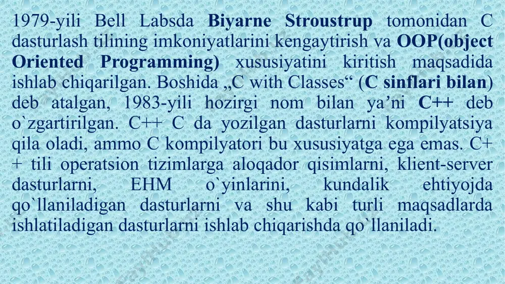 n holda ularni quyidagiga ifodalash mumkin: silindr_radiusi, silindrradiusi c++ tilida berilganlar turlari 2 guruhga bo’linadi: o‘zgarmaslar o‘zgaruvchilar o‘zgarmas (literal) – bu firsirlangan son, satr yoki belgi. o‘zgarmaslar beshta turga bo‘linadi: butun, haqiqiy, sanab o‘tiluvchi, belgi (liter), satr (string, literli satr). kompilyator o‘zgarmasni leksema sifatida aniqlaydi, unga xotiradan joy ajratadi, ko‘rinishi va qiymatiga qarab mos guruhlarga bo‘ladi. dastur bajarilishi davomida berilganlarni saqlab turish uchun o‘zgarmas (konstanta) va o‘zgaruvchilardan foydalaniladi. o‘zgaruvchi - dastur obyekti bo‘lib, xotiradagi nechta yacheykani egallaydi va berilganlarni saqlash uchun xizmat qiladi. o‘zgaruvchi nom, o‘lcham, ko‘rinish sohasi, amal qilish vaqti kabi hususiyatlarga ega bo‘ladi. o‘zgaruvchilarni ishlatishdan avval ularni e’lon qilish lozim. natijada u uchun xotiradan joy ajratiladi. joyning xajmi o‘zgaruvchi turiga bo‘liq ravish aniqlanadi va bir turga oid o‘zgaruvchi uchun turli platformalarda turli joy ajratilishi mumkin. e’tiboringiz uchun rahmat! image1.jpeg image2.png image3.png image4.png image5.png /docprops/thumbnail.jpeg